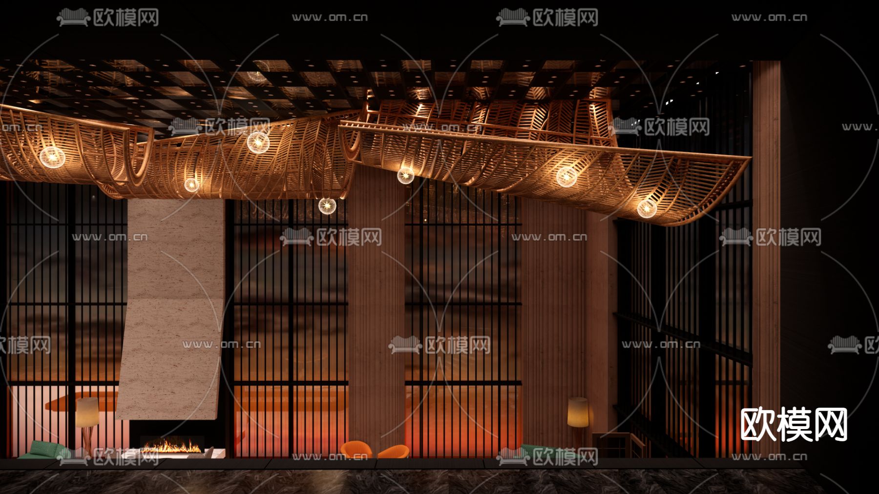 藤编吊灯 大堂灯 装饰灯su模型下载（渲染图2）