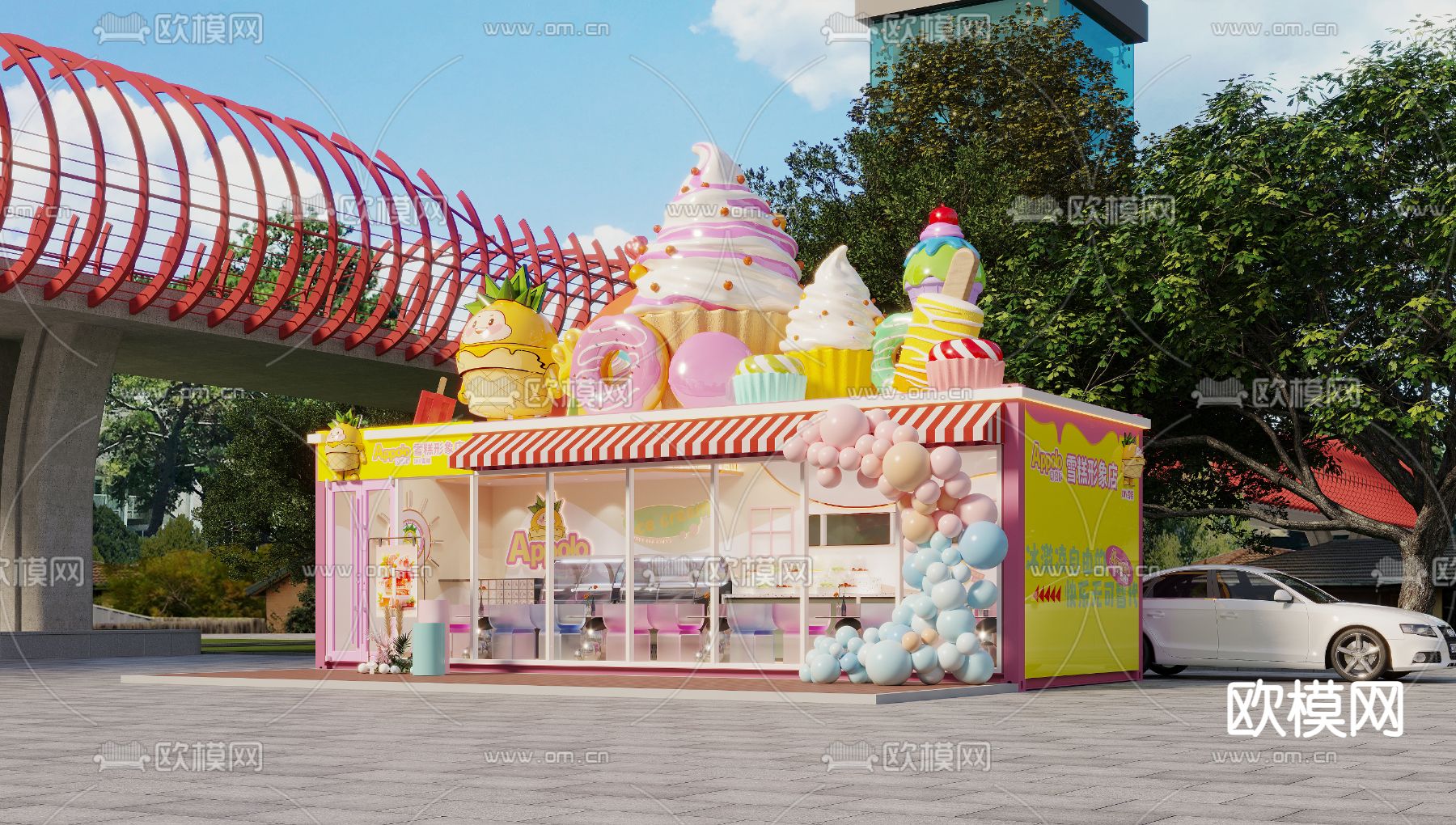 冰淇凌店 集装箱 广场店3d模型下载（渲染图1）