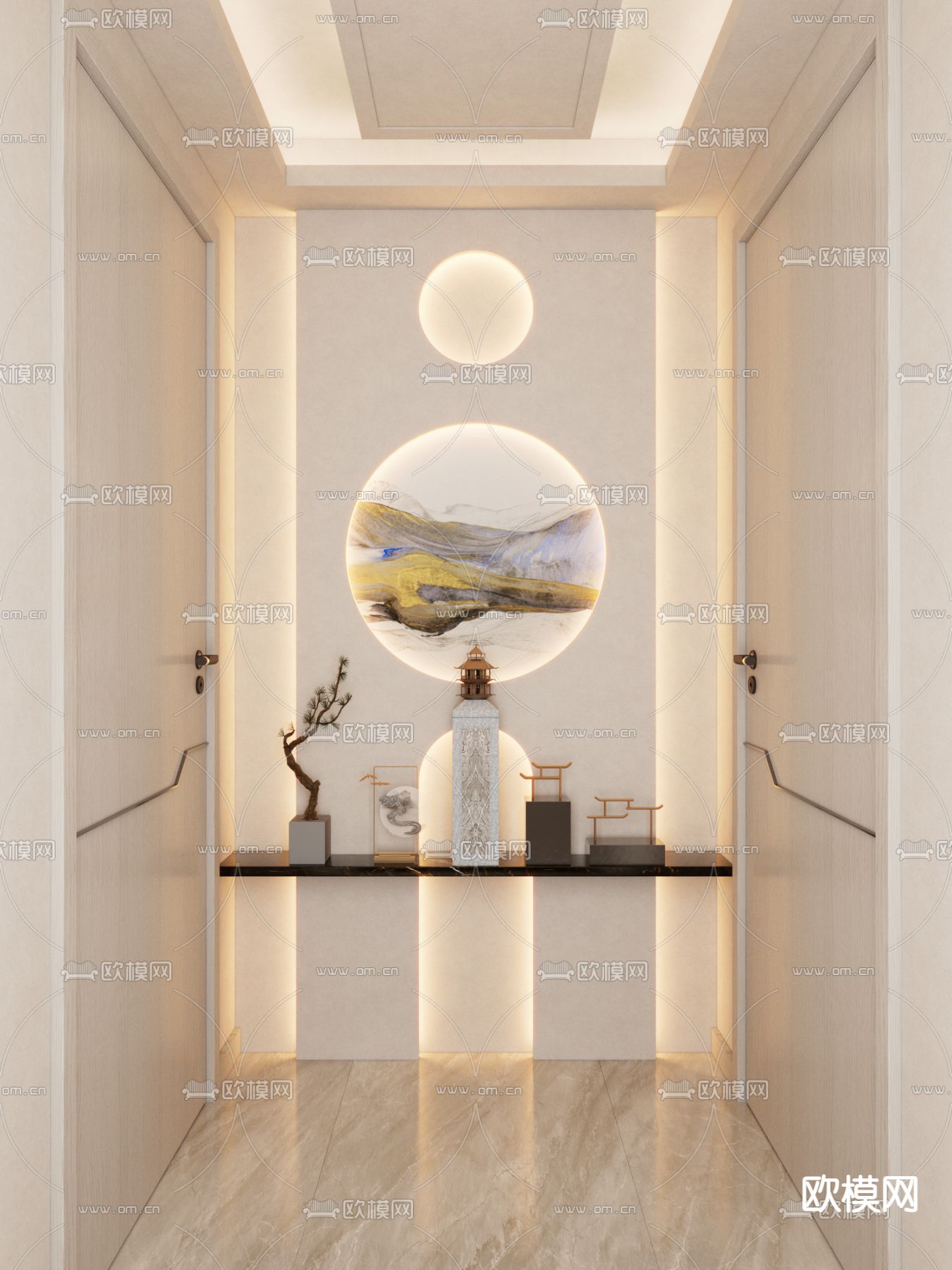新中式端景玄关su模型下载（渲染图2）