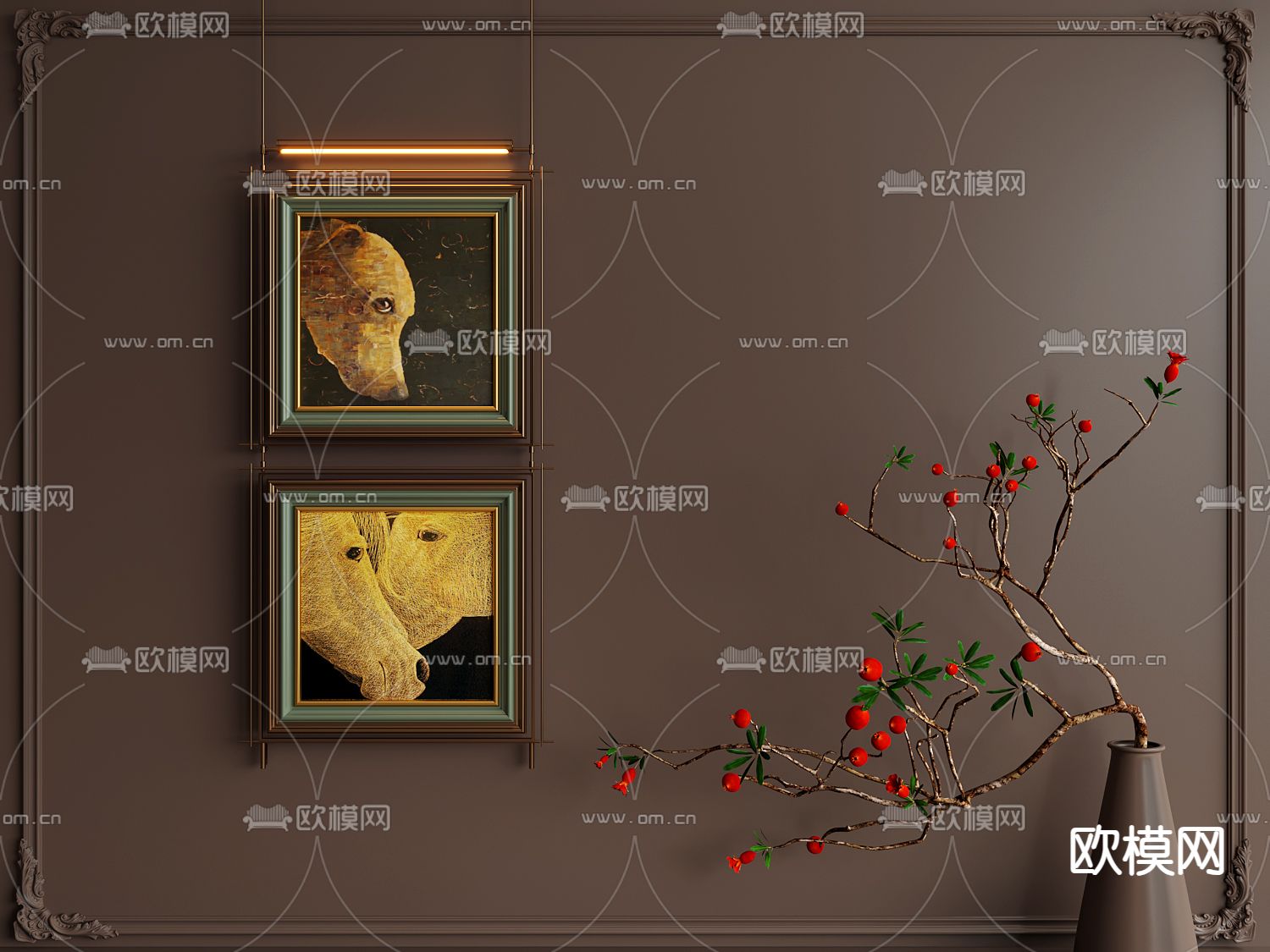 中古风装饰画 组合挂画su模型下载（渲染图1）