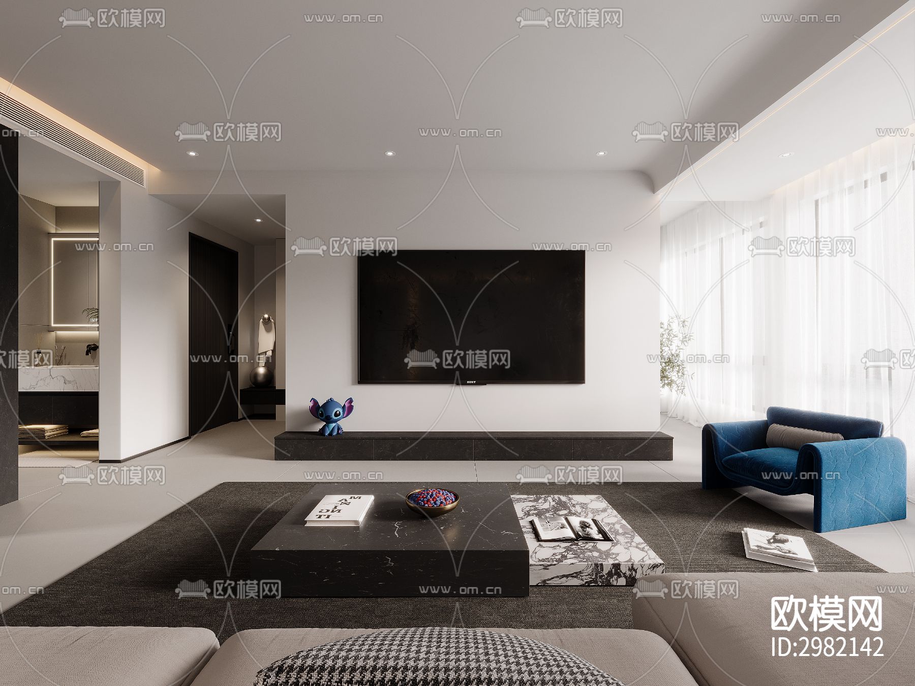 高级灰客厅 餐厅效果图下载（渲染图3）