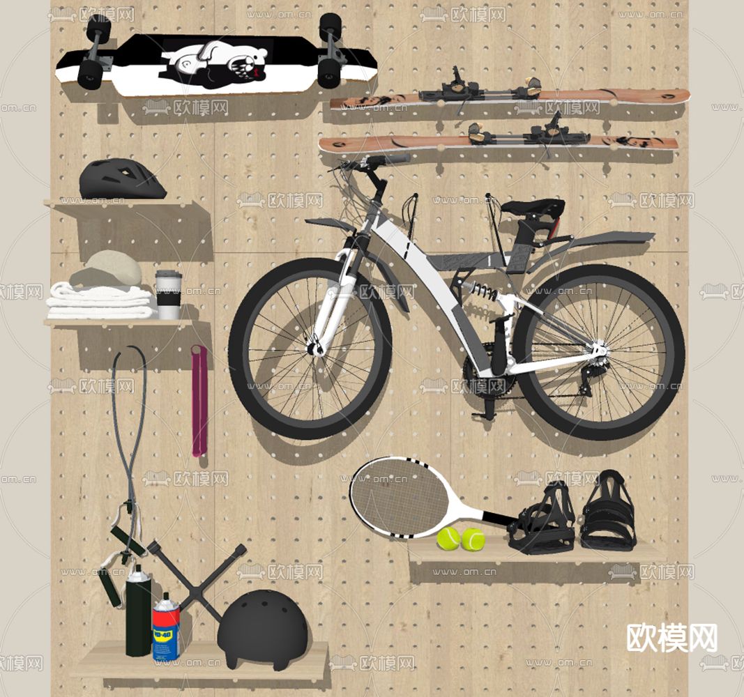 运动器材 滑板 滑雪板 山地自行车su模型下载（渲染图1）