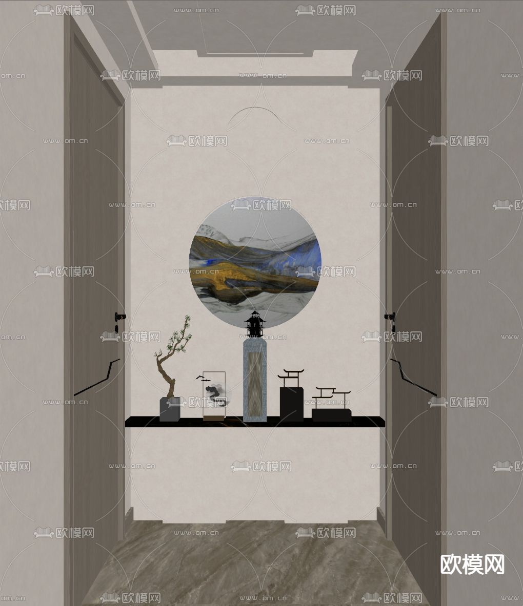 新中式端景玄关su模型下载（渲染图1）