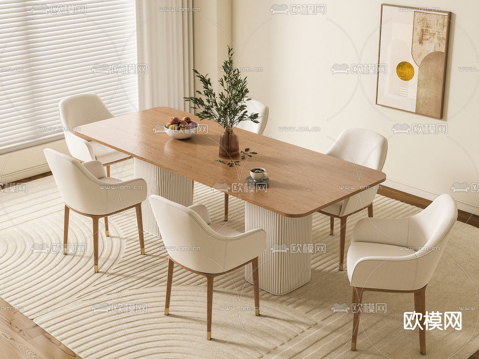 奶油风餐桌椅su模型下载（渲染图1）