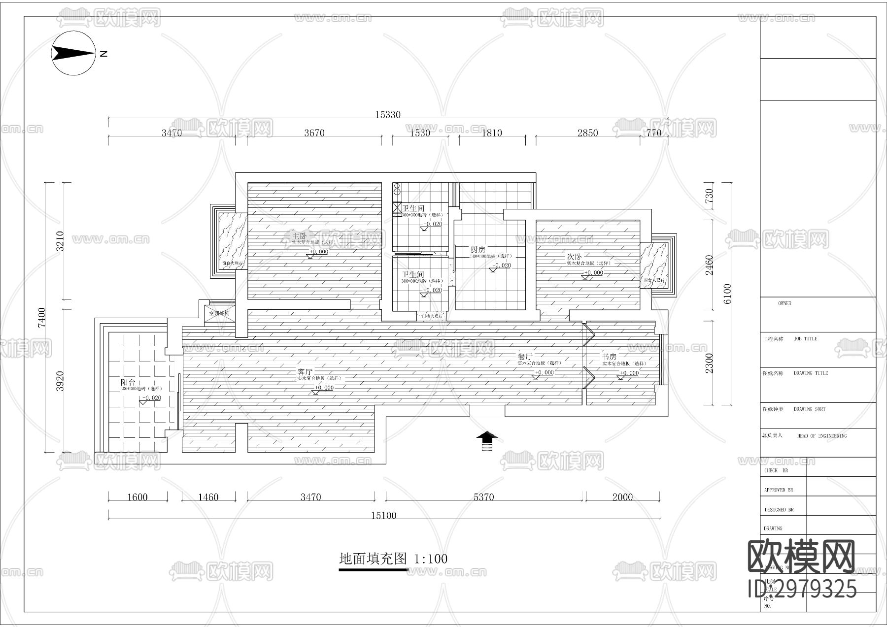 新中式风格平层家装cad施工图下载（渲染图3）