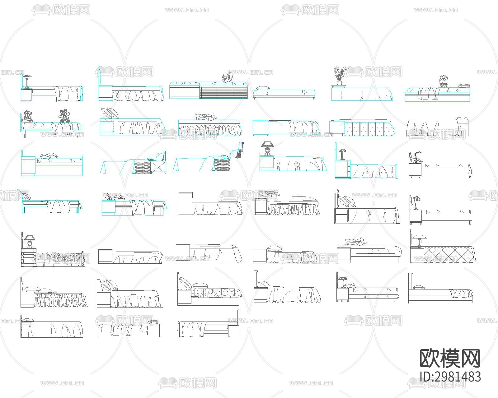 最新最全卧室床具多视角cad图库下载（渲染图7）