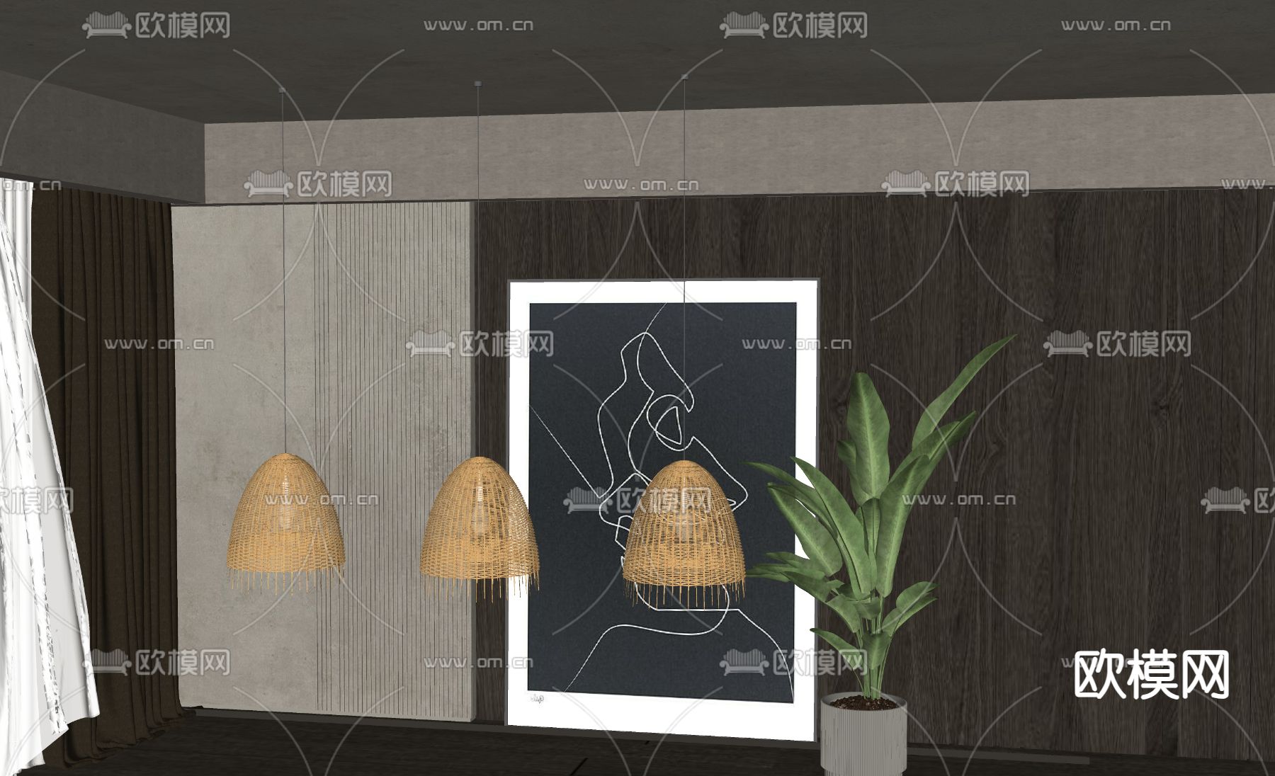 侘寂风吊灯 稻草灯su模型下载（渲染图2）