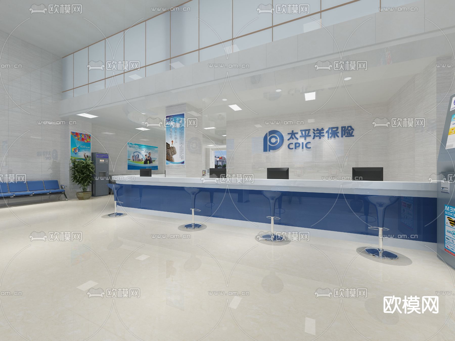 现代办事大厅 服务大厅 街道办办事处su模型下载（渲染图1）