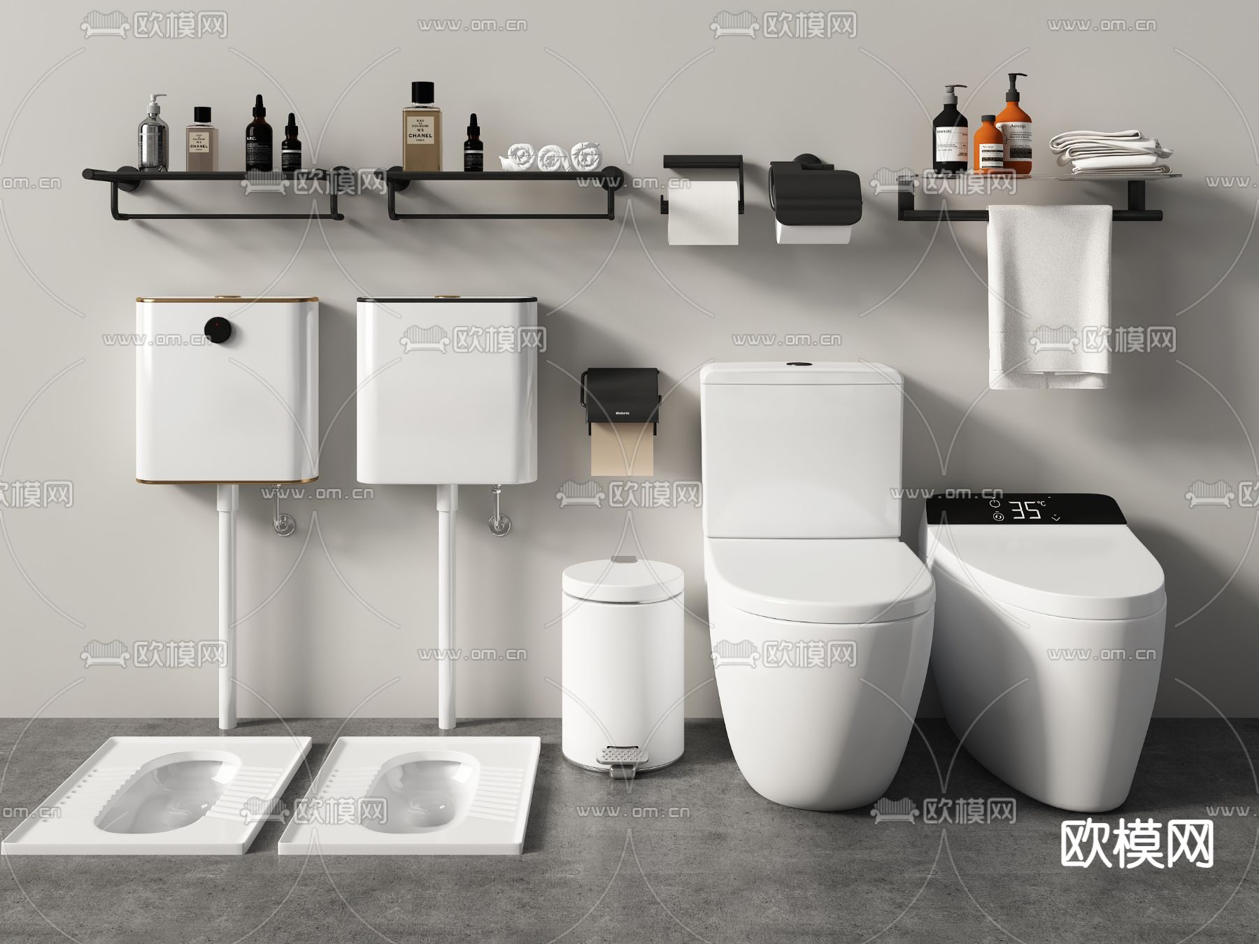 马桶 蹲便器 冲水箱 毛巾架 洁具3d模型下载