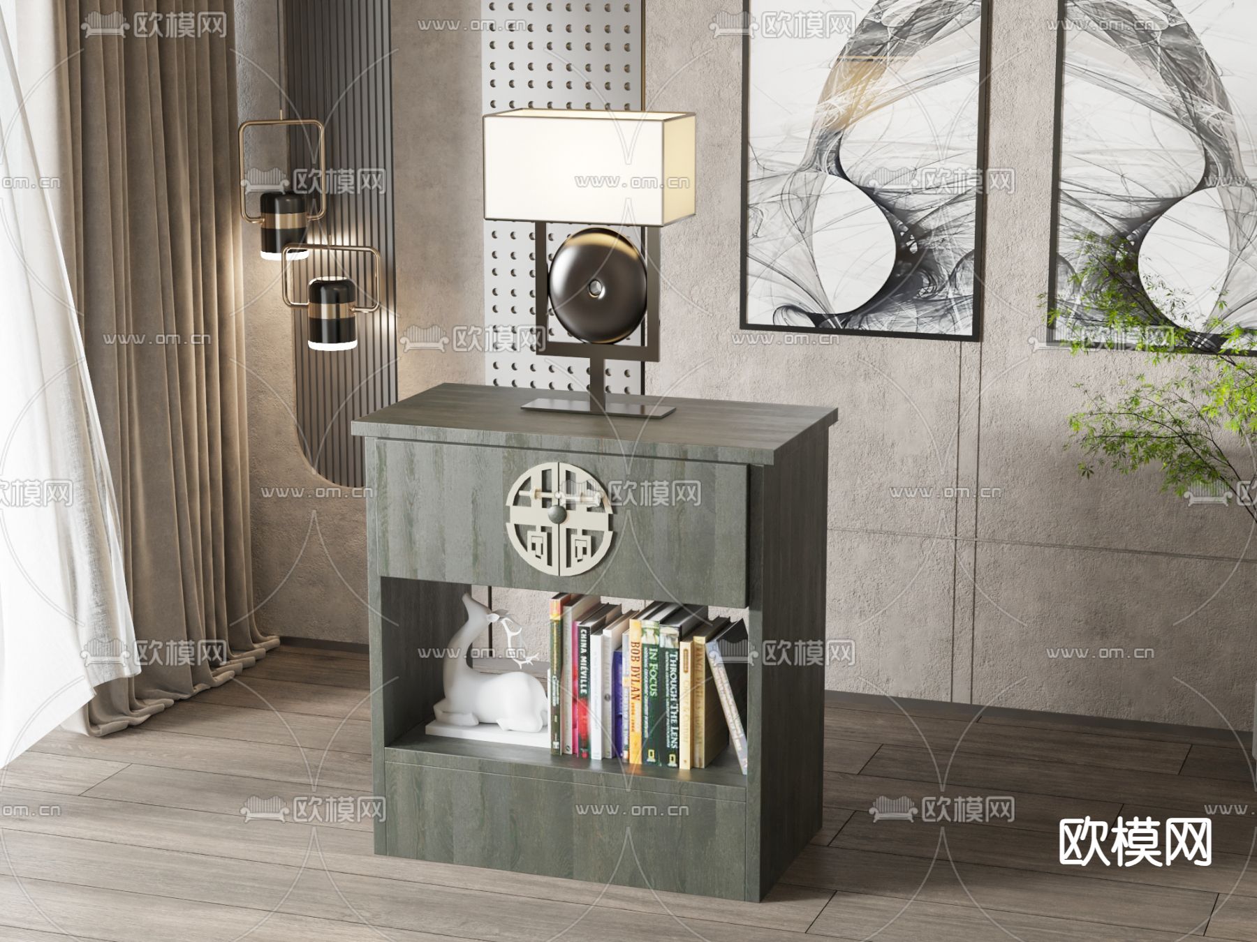 新中式床头柜 边柜su模型下载（渲染图1）