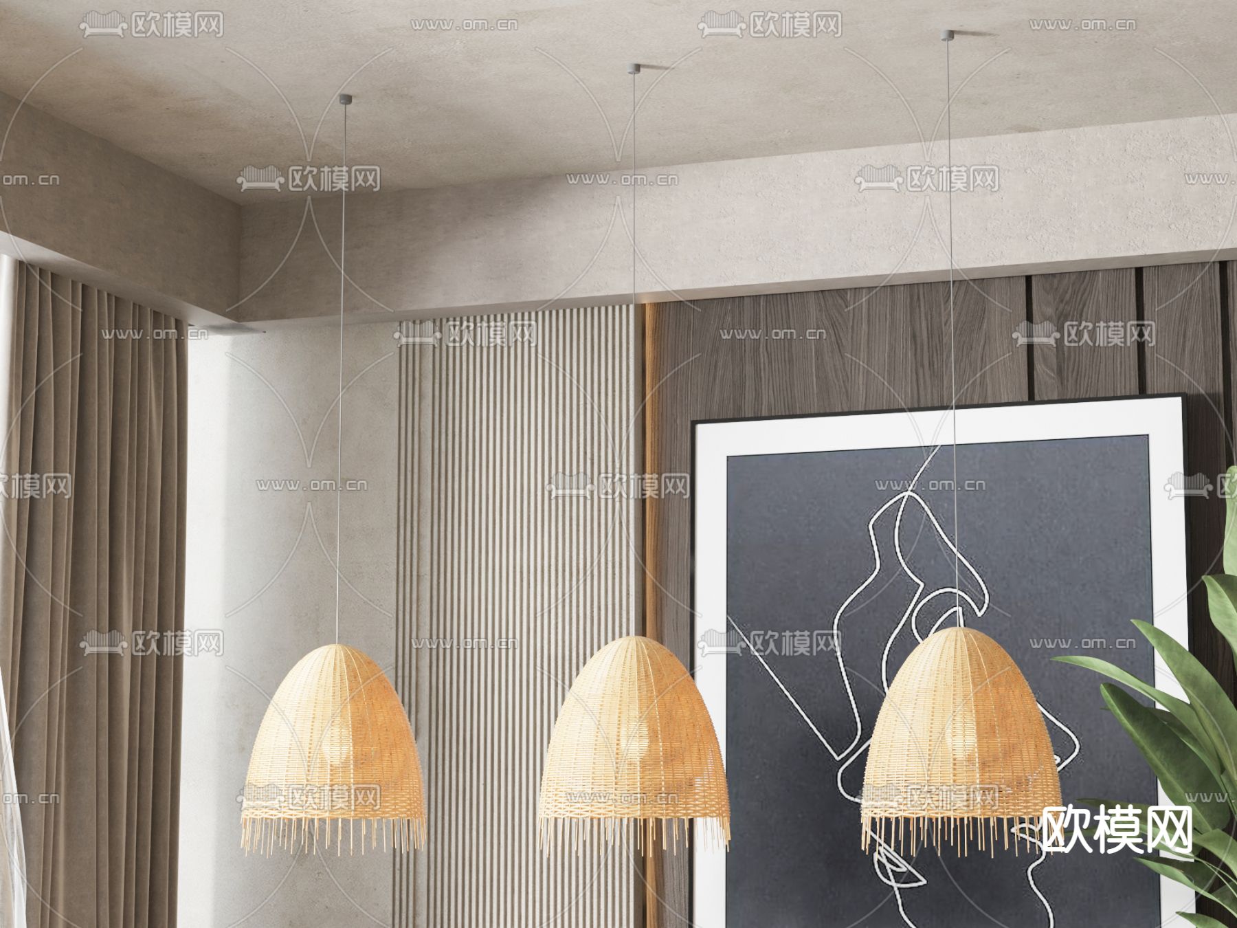 侘寂风吊灯 稻草灯su模型下载（渲染图1）