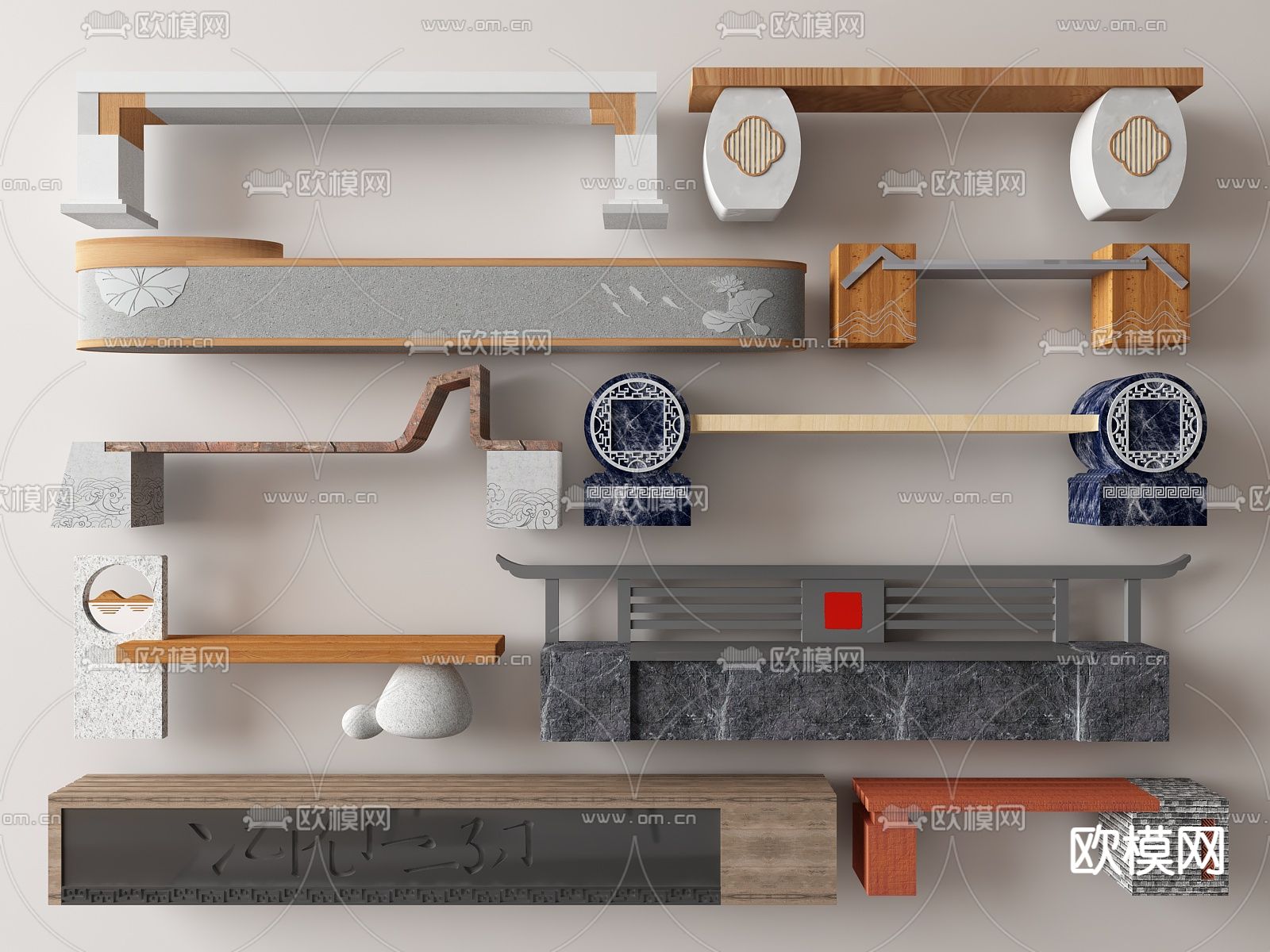 新中式长凳 户外长凳 公园座椅su模型下载（渲染图1）