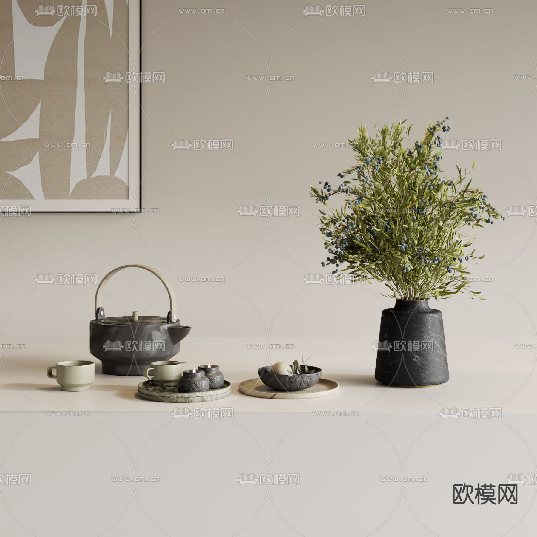 新中式茶具 茶壶 桌面摆件su模型下载（渲染图1）