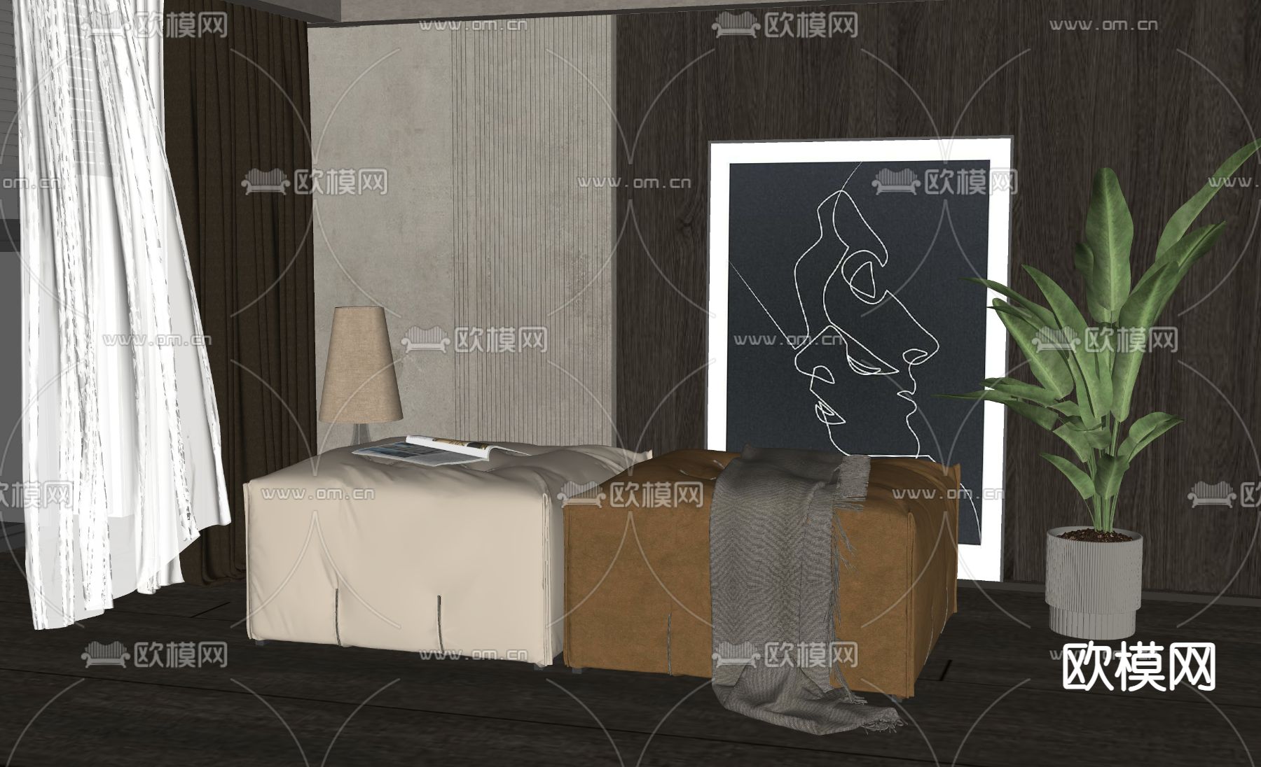 现代脚踏 沙发凳su模型下载（渲染图2）