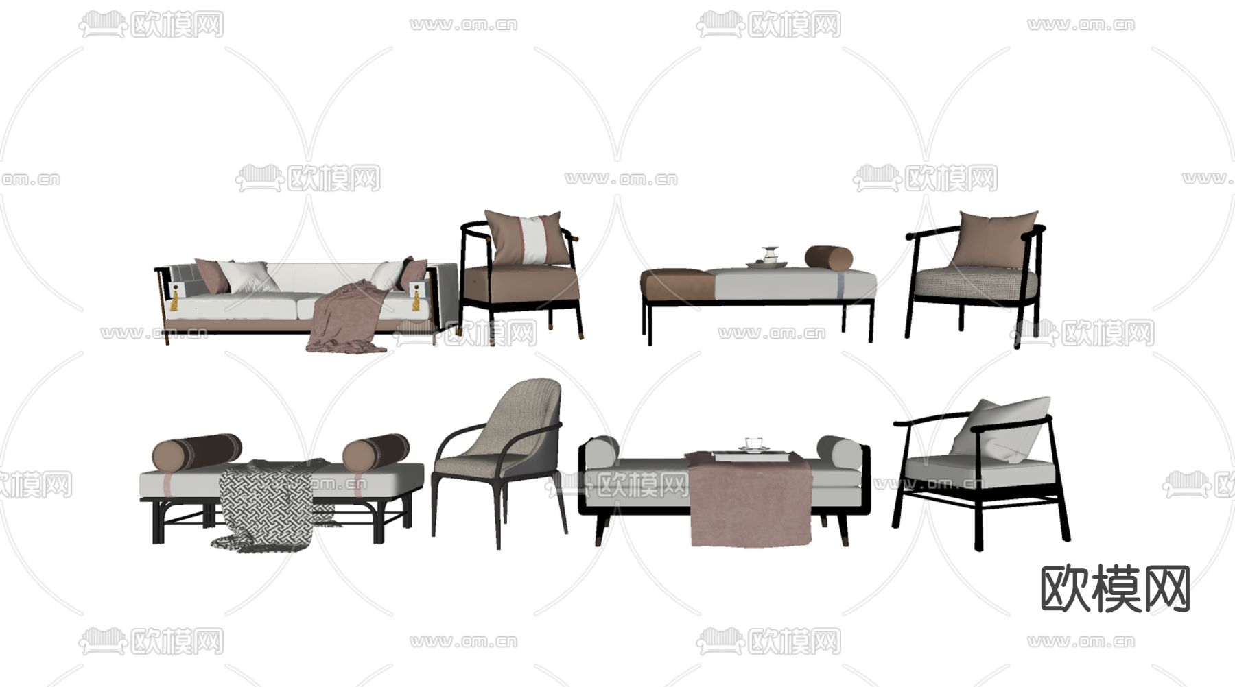 新中式双人沙发 贵妃椅su模型下载（渲染图2）