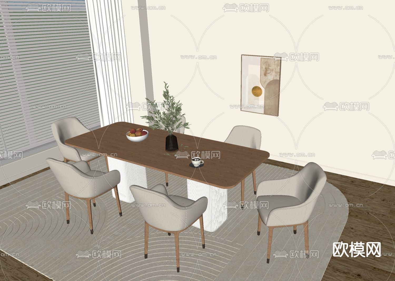 奶油风餐桌椅su模型下载（渲染图3）