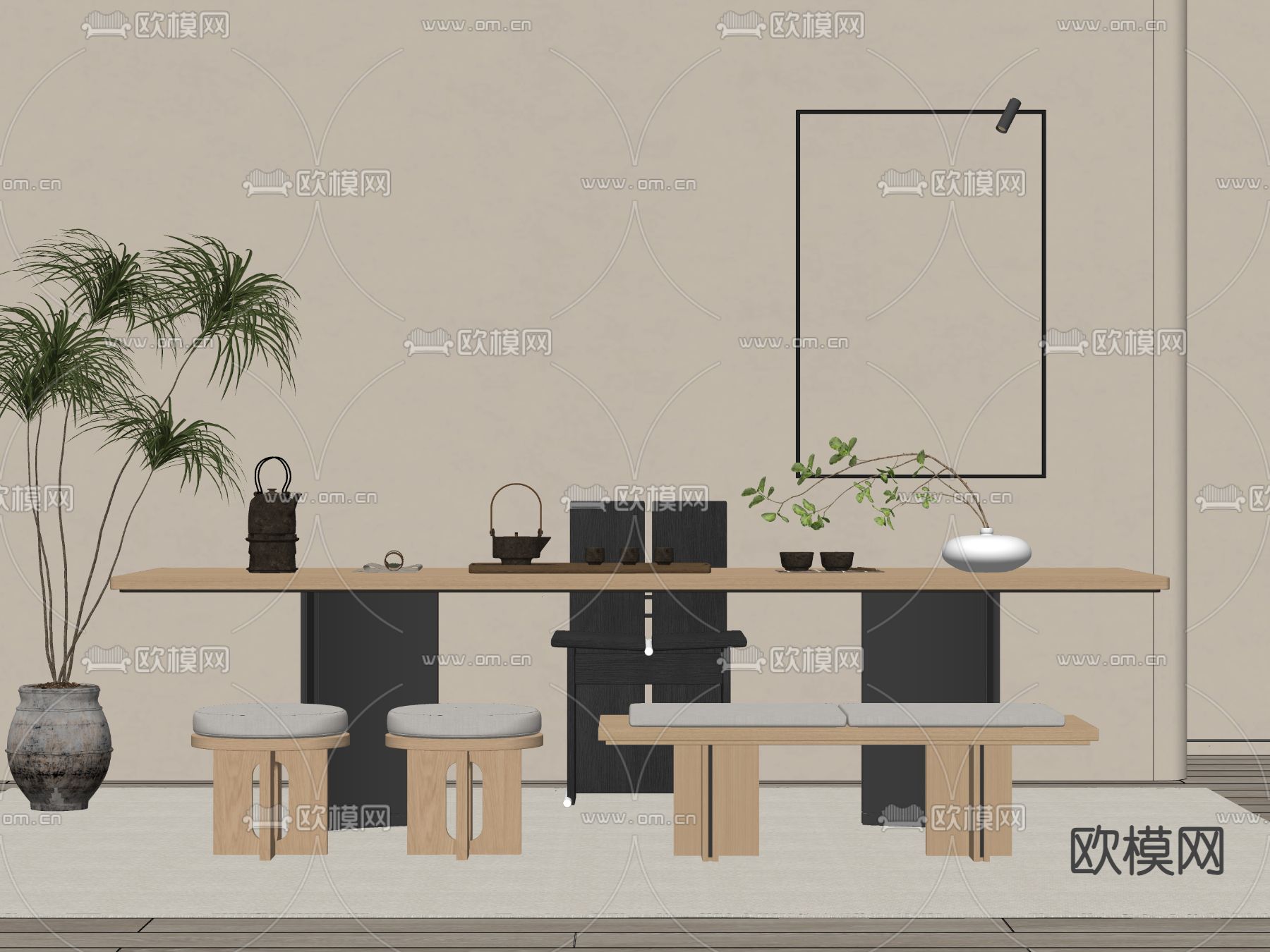 现代茶桌 茶台su模型下载（渲染图2）