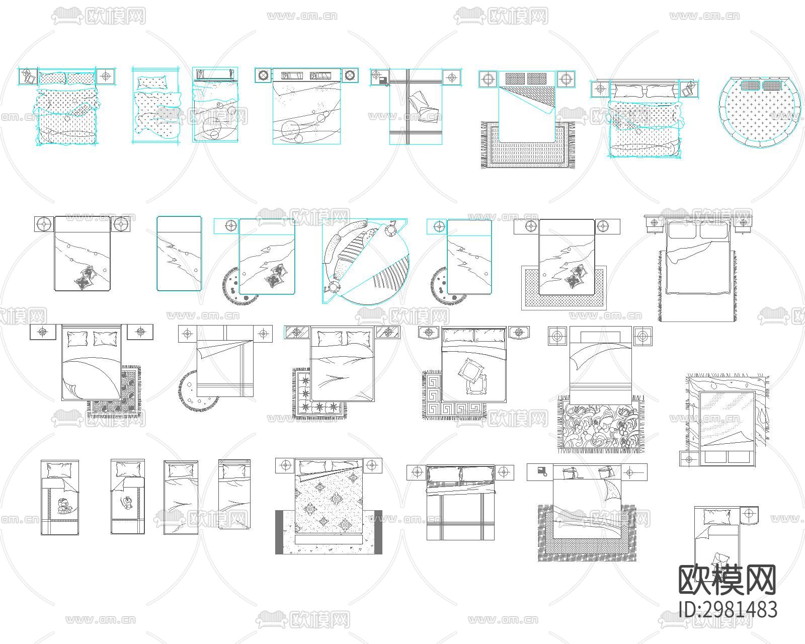 最新最全卧室床具多视角cad图库下载（渲染图2）