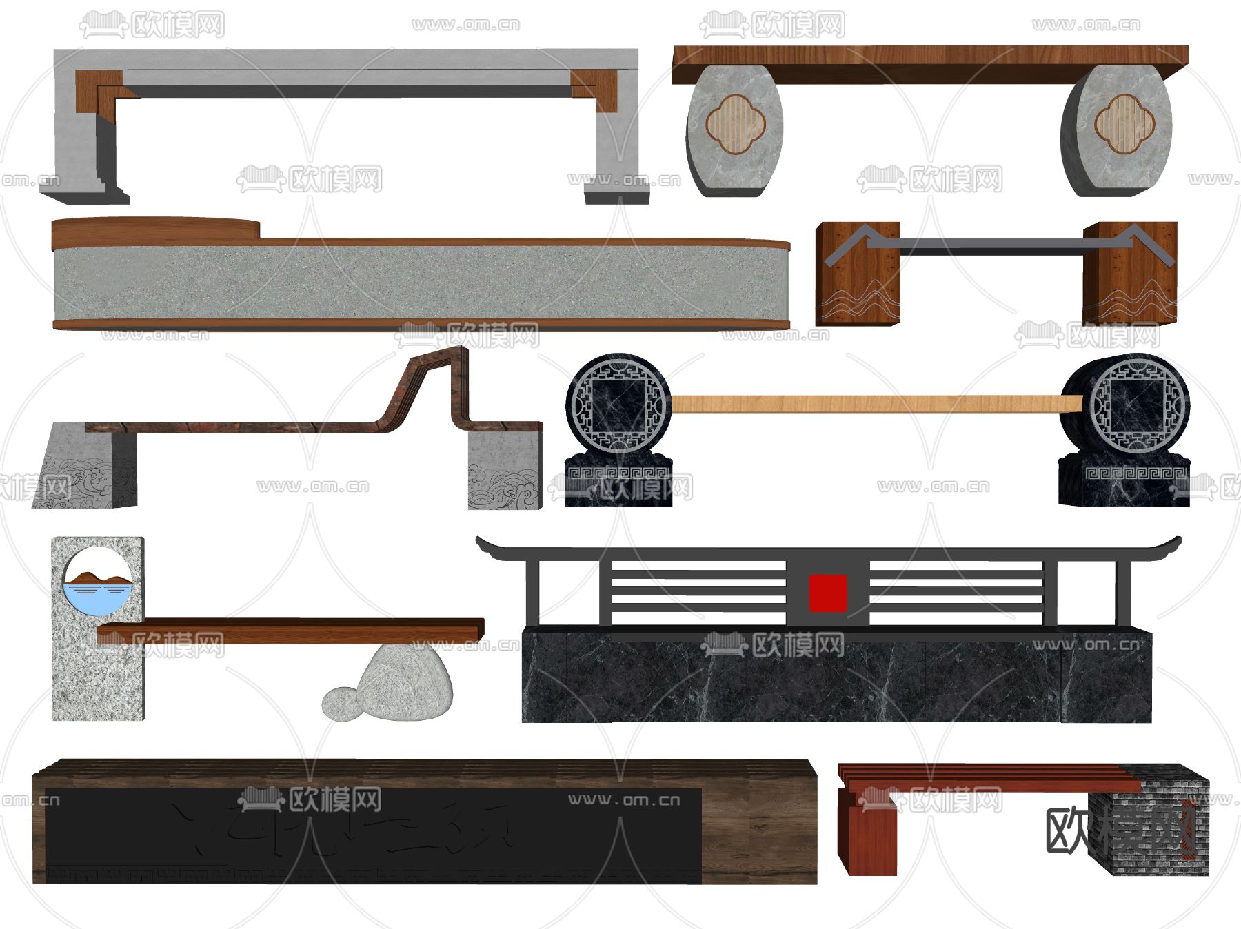 新中式长凳 户外长凳 公园座椅su模型下载（渲染图2）