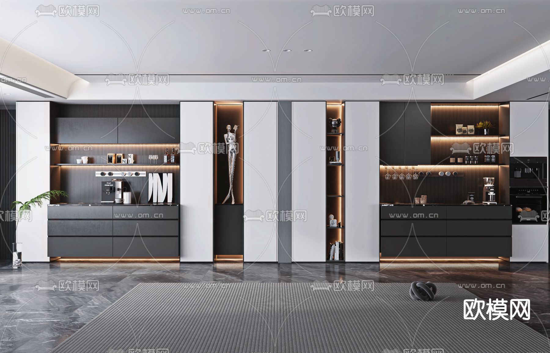 高级灰酒柜 餐边柜su模型下载（渲染图1）