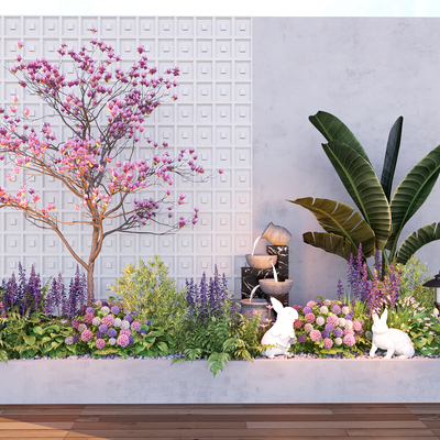  绿植堆 花槽 花池 粉色花树su模型 