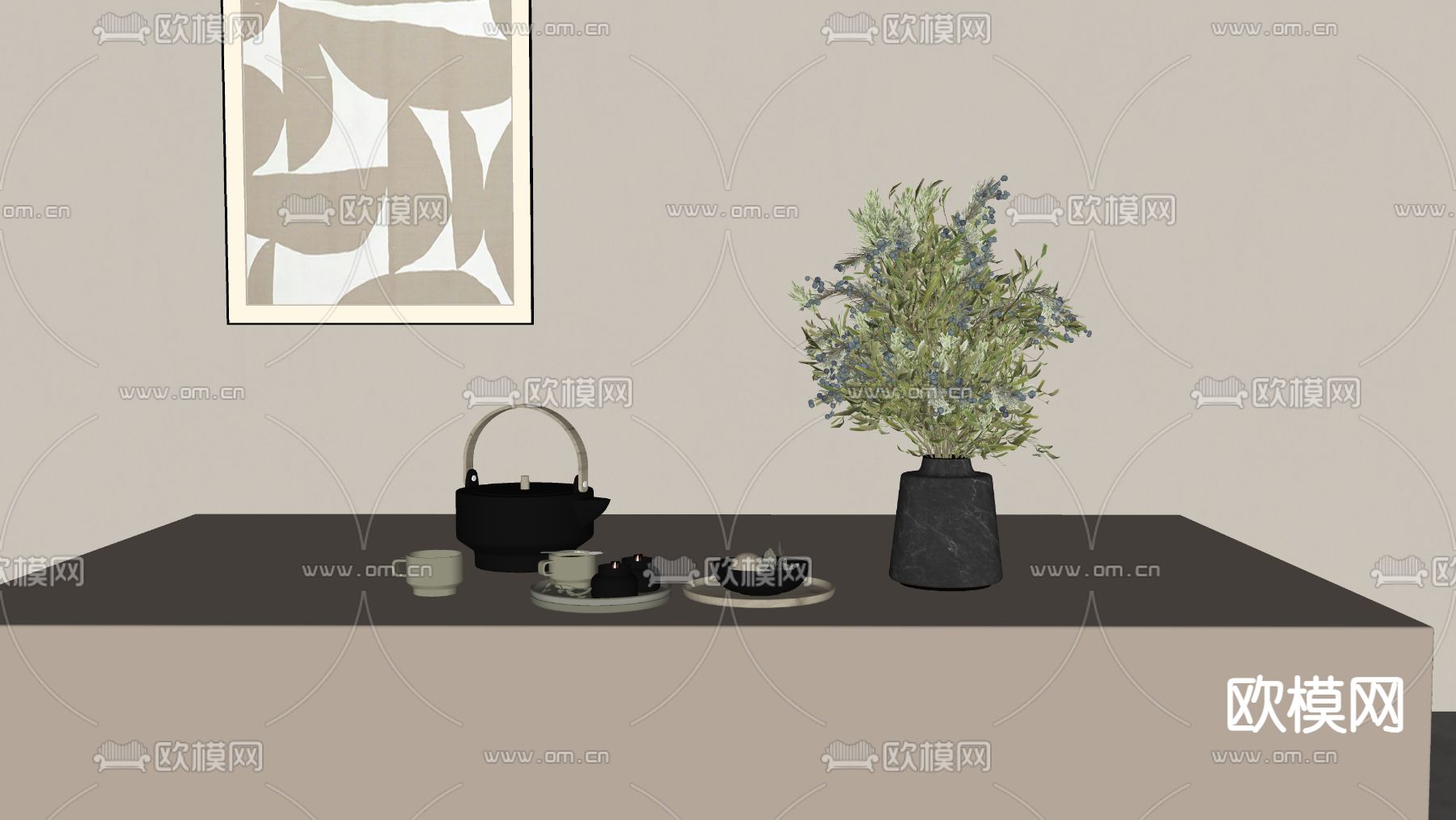 新中式茶具 茶壶 桌面摆件su模型下载（渲染图2）