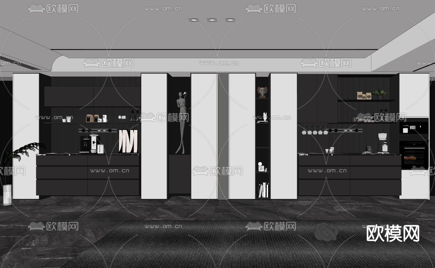 高级灰酒柜 餐边柜su模型下载（渲染图2）