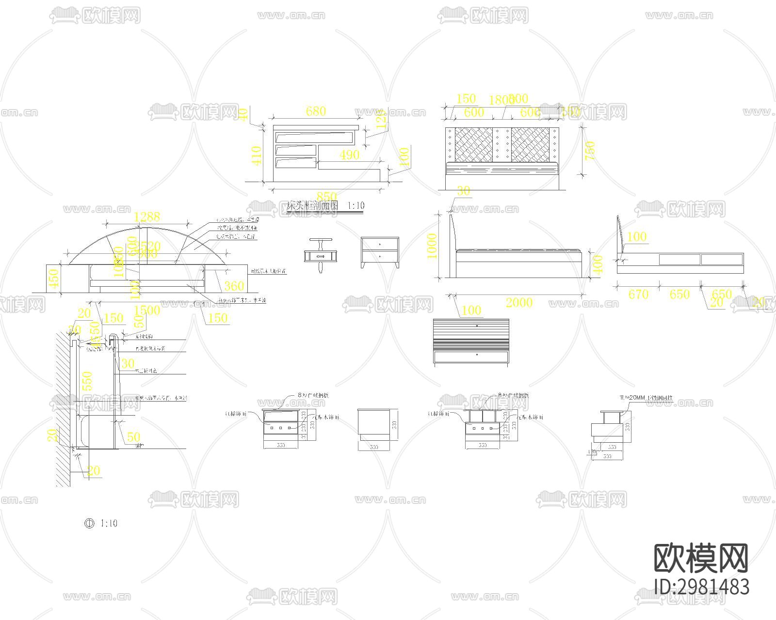 最新最全卧室床具多视角cad图库下载（渲染图6）