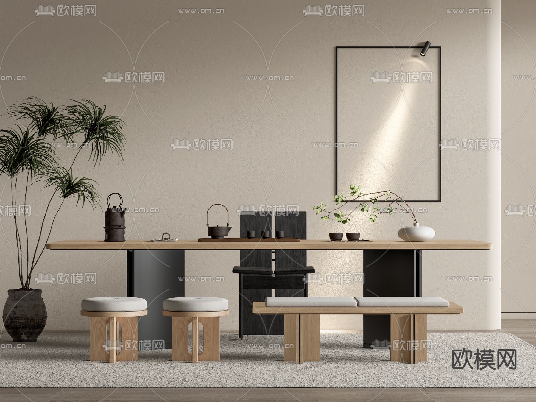 现代茶桌 茶台su模型下载（渲染图1）