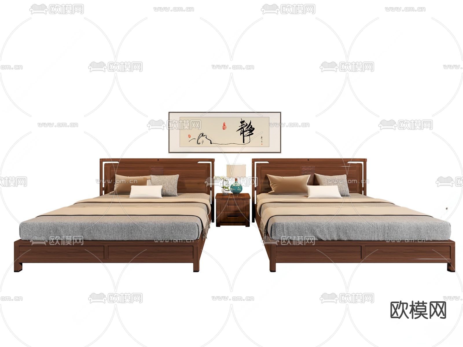 中式双人床su模型下载（渲染图1）