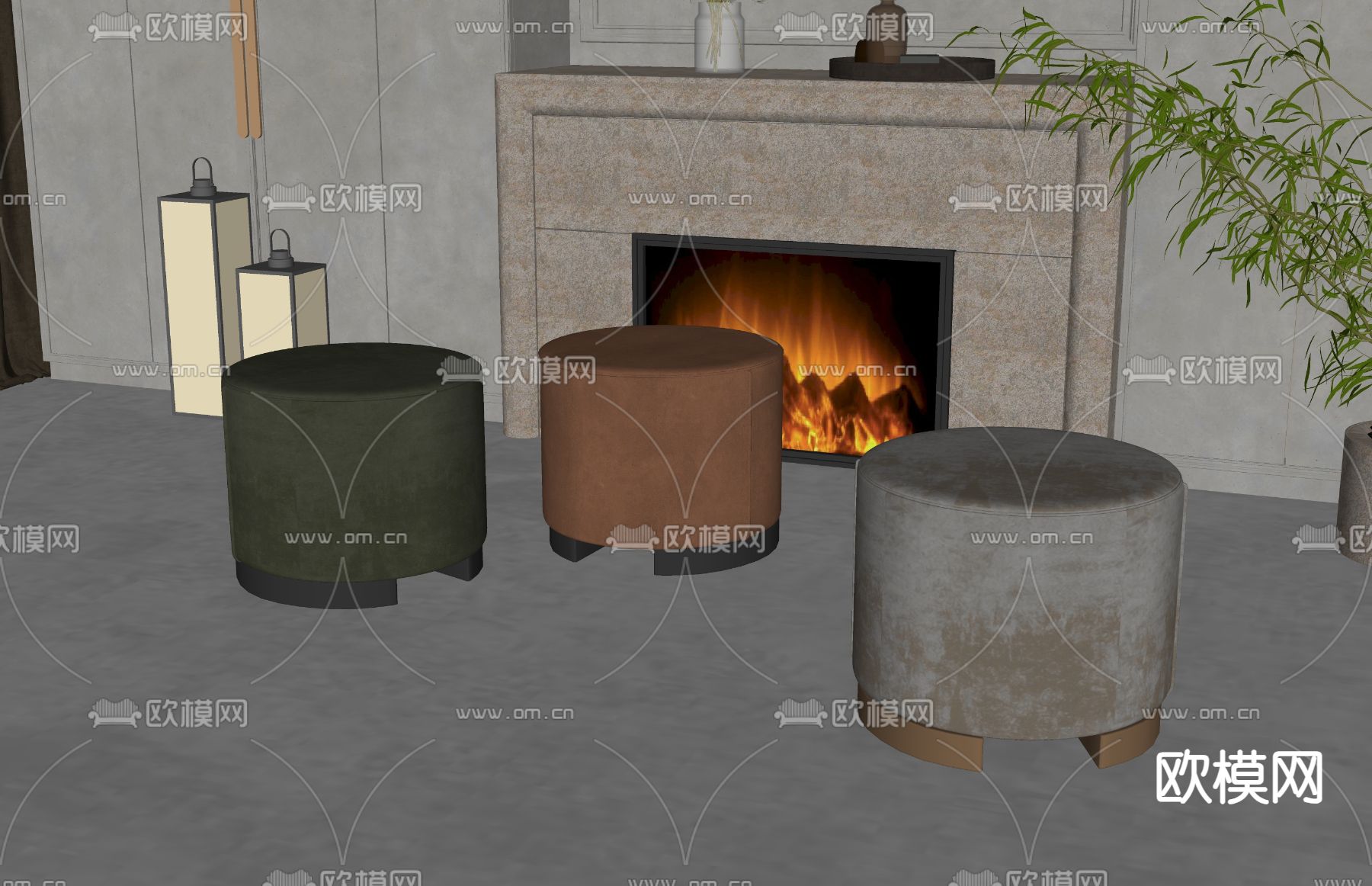 简欧凳子 圆凳 沙发凳su模型下载（渲染图2）