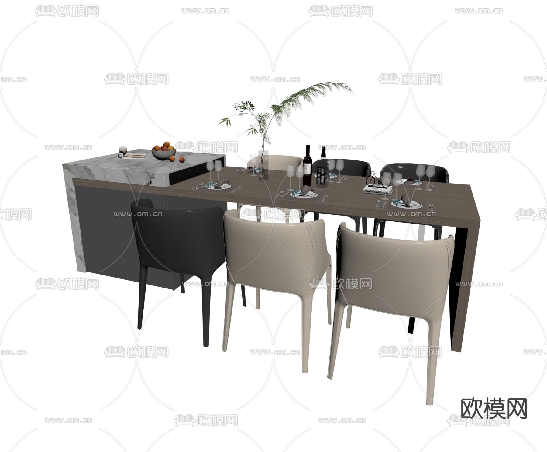 岛台餐桌椅su模型下载（渲染图2）