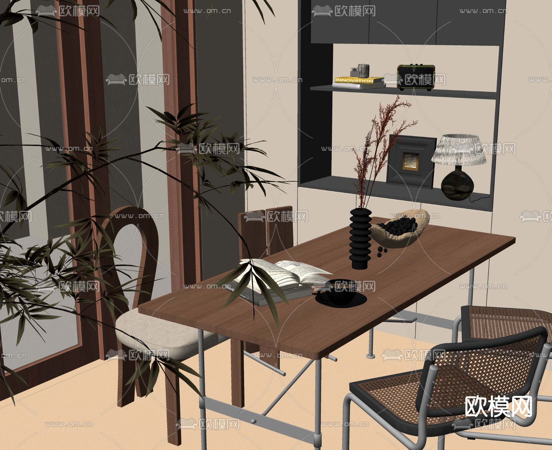 中古风餐桌椅su模型下载（渲染图2）