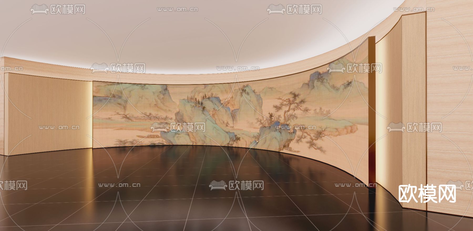 新中式背景墙 形象墙 接待厅su模型下载（渲染图1）