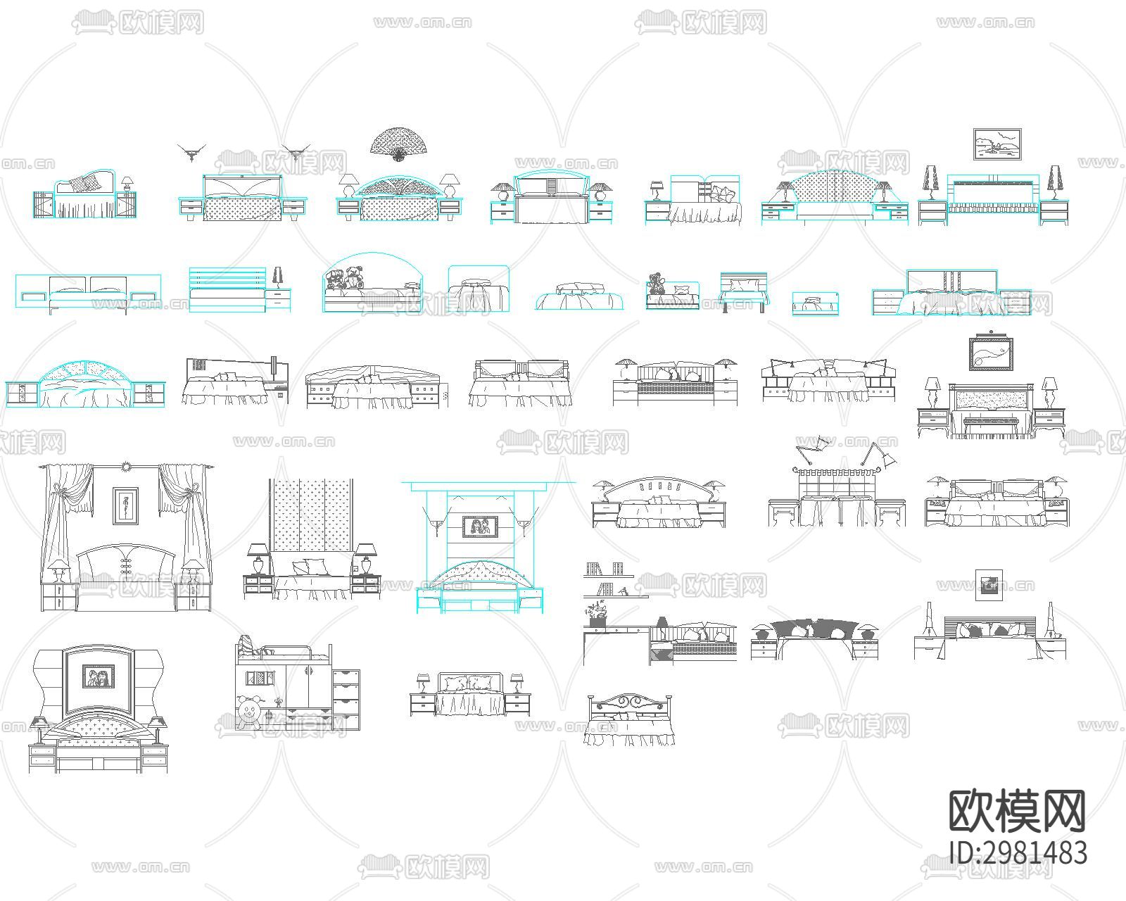 最新最全卧室床具多视角cad图库下载（渲染图4）