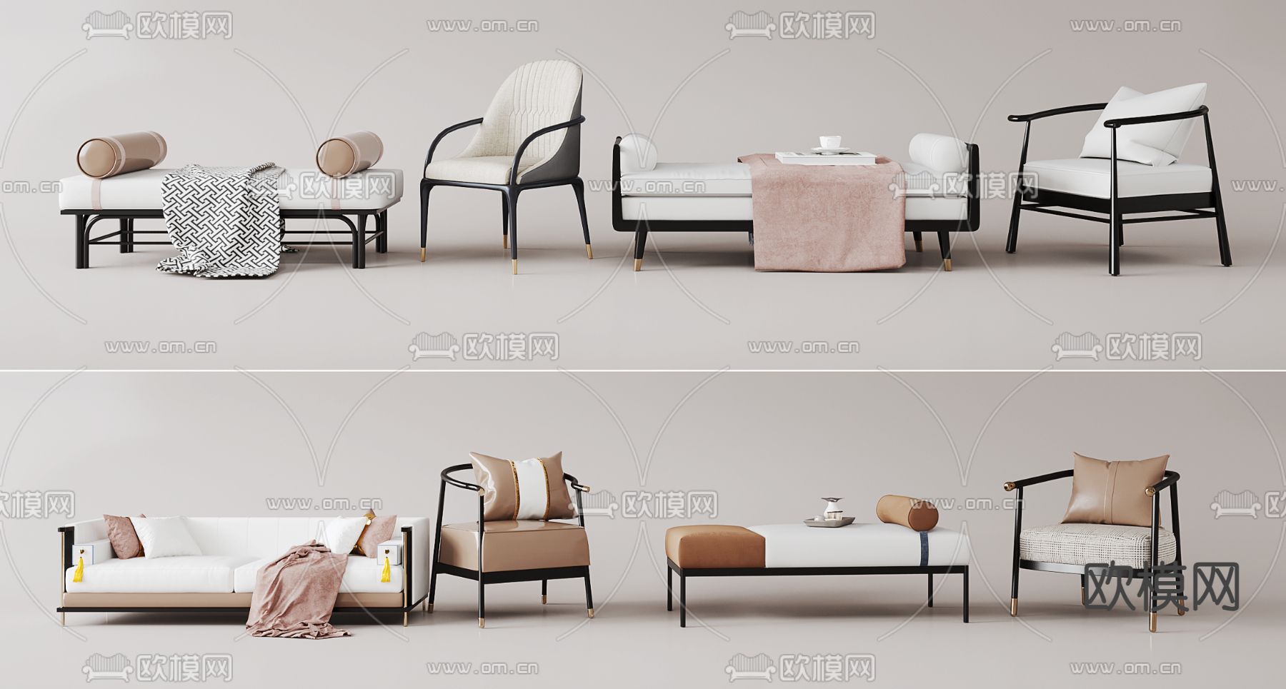 新中式双人沙发 贵妃椅su模型下载（渲染图1）