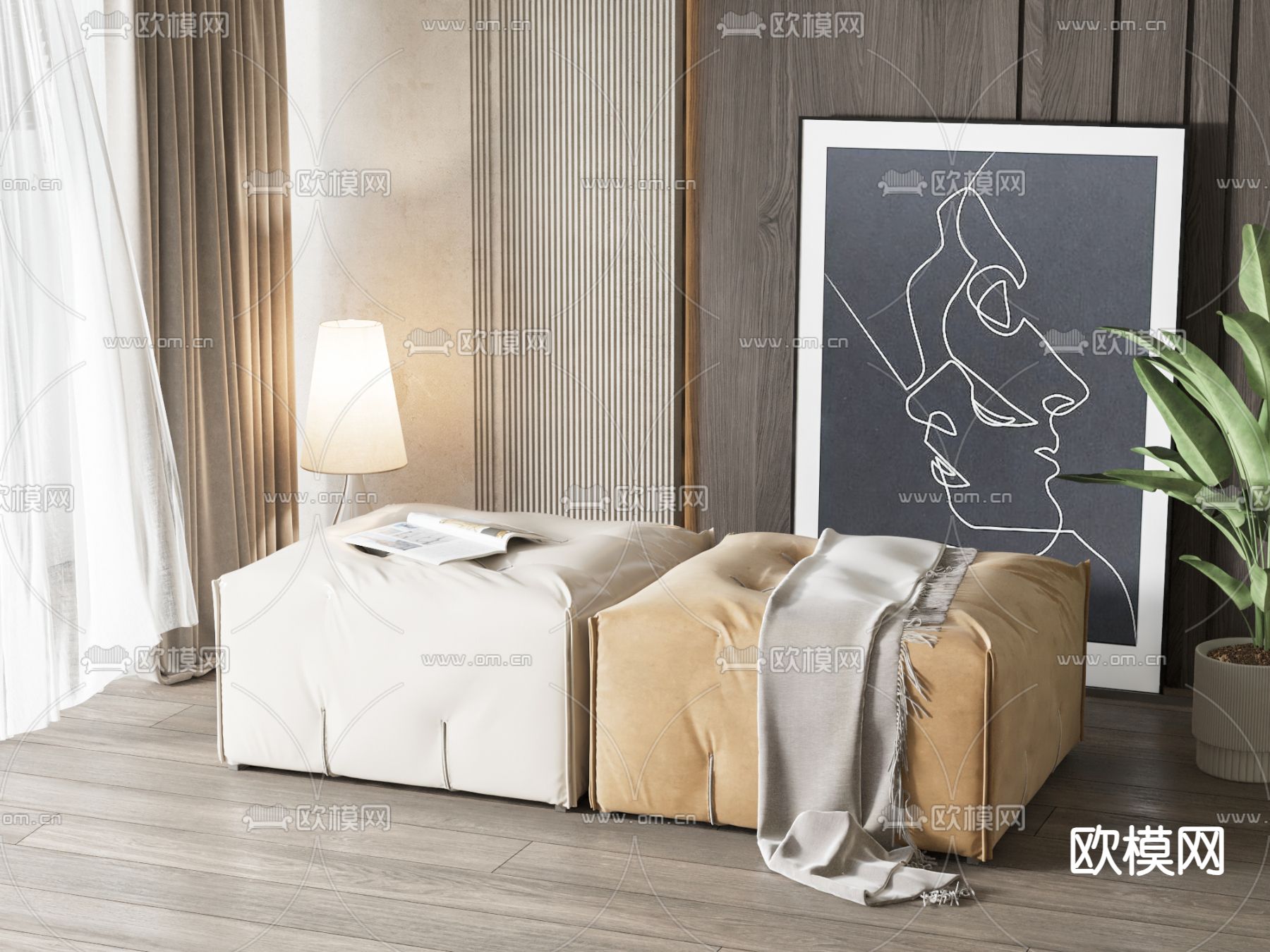 现代脚踏 沙发凳su模型下载（渲染图1）