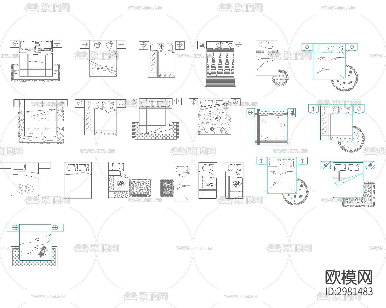 最新最全卧室床具多视角cad图库下载（渲染图3）