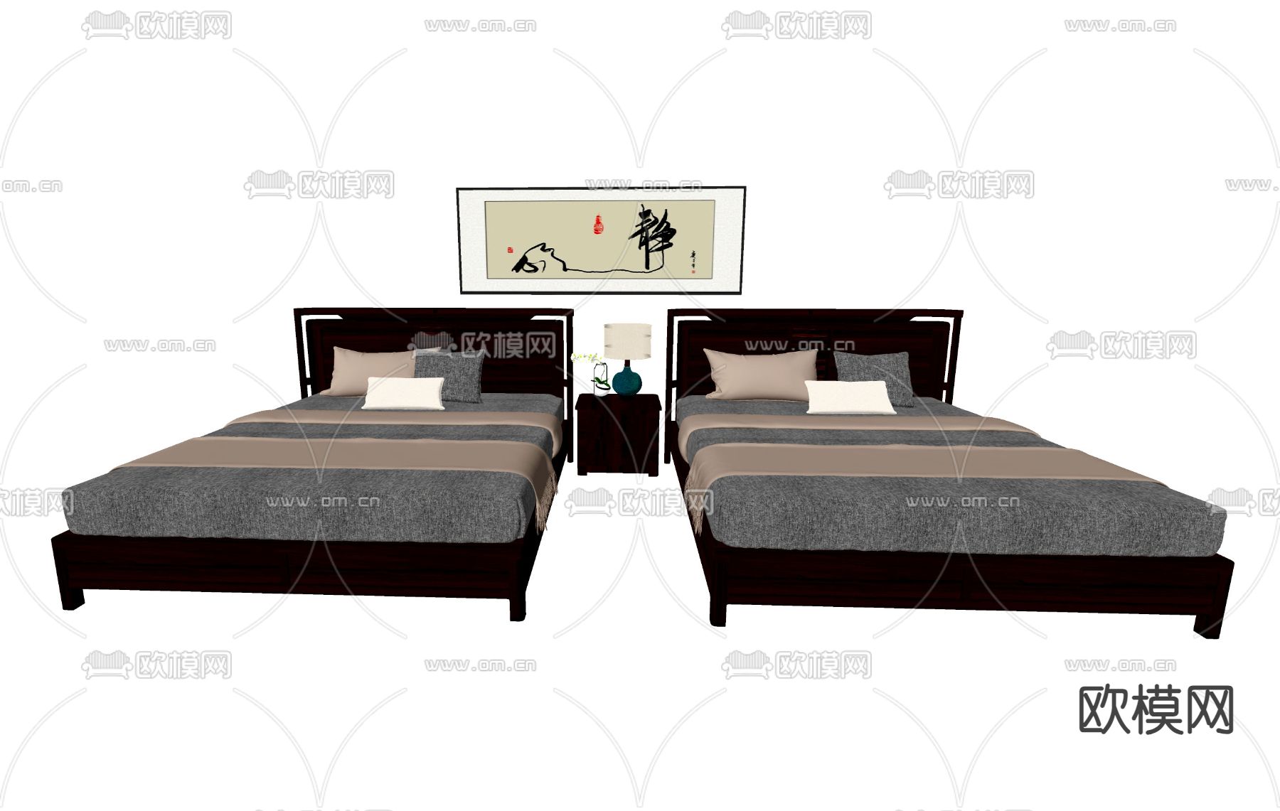 中式双人床su模型下载（渲染图2）
