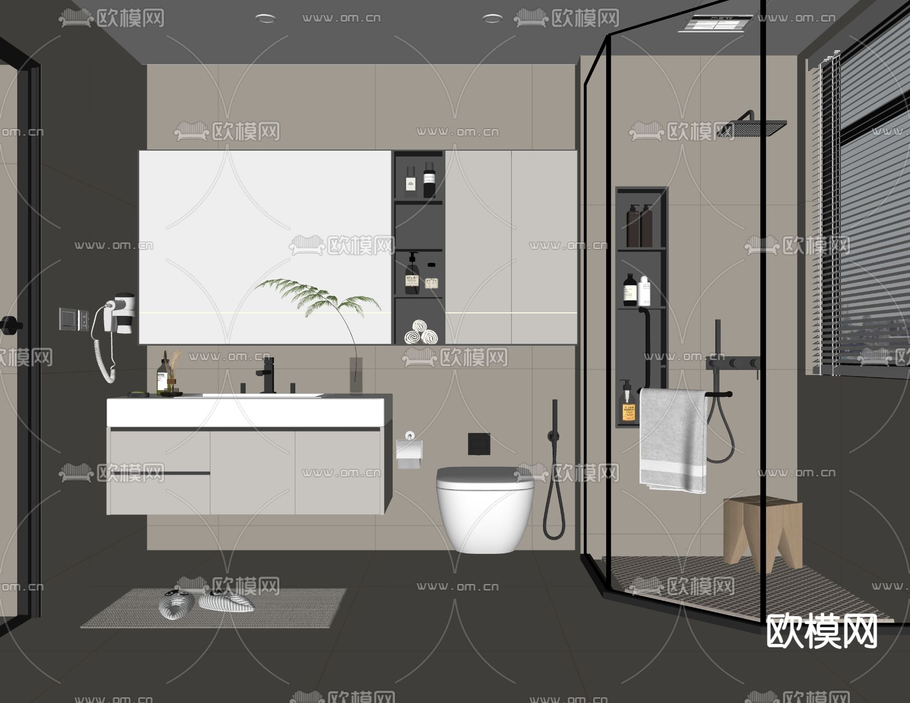 奶油风卫生间su模型下载（渲染图1）