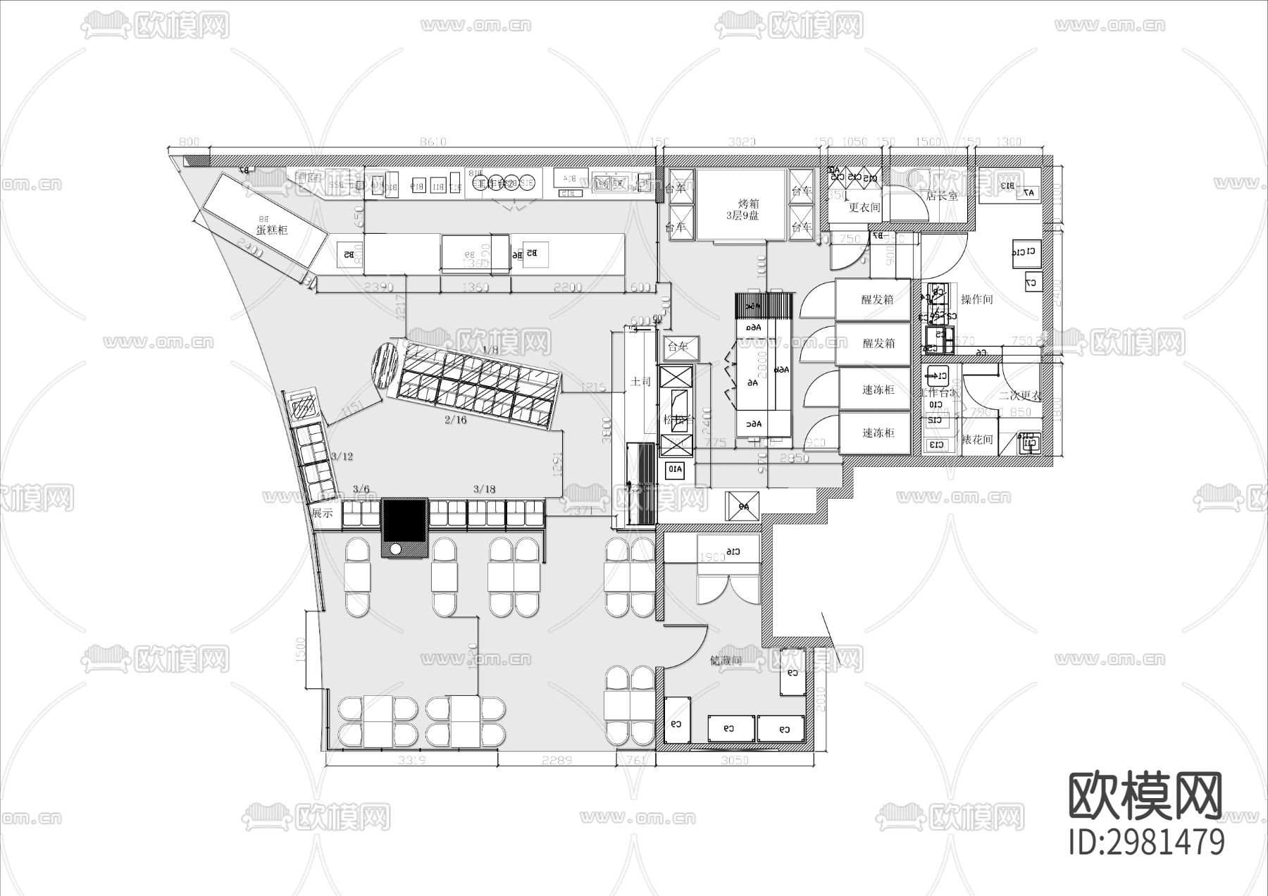 60㎡烘焙店cad平面图下载