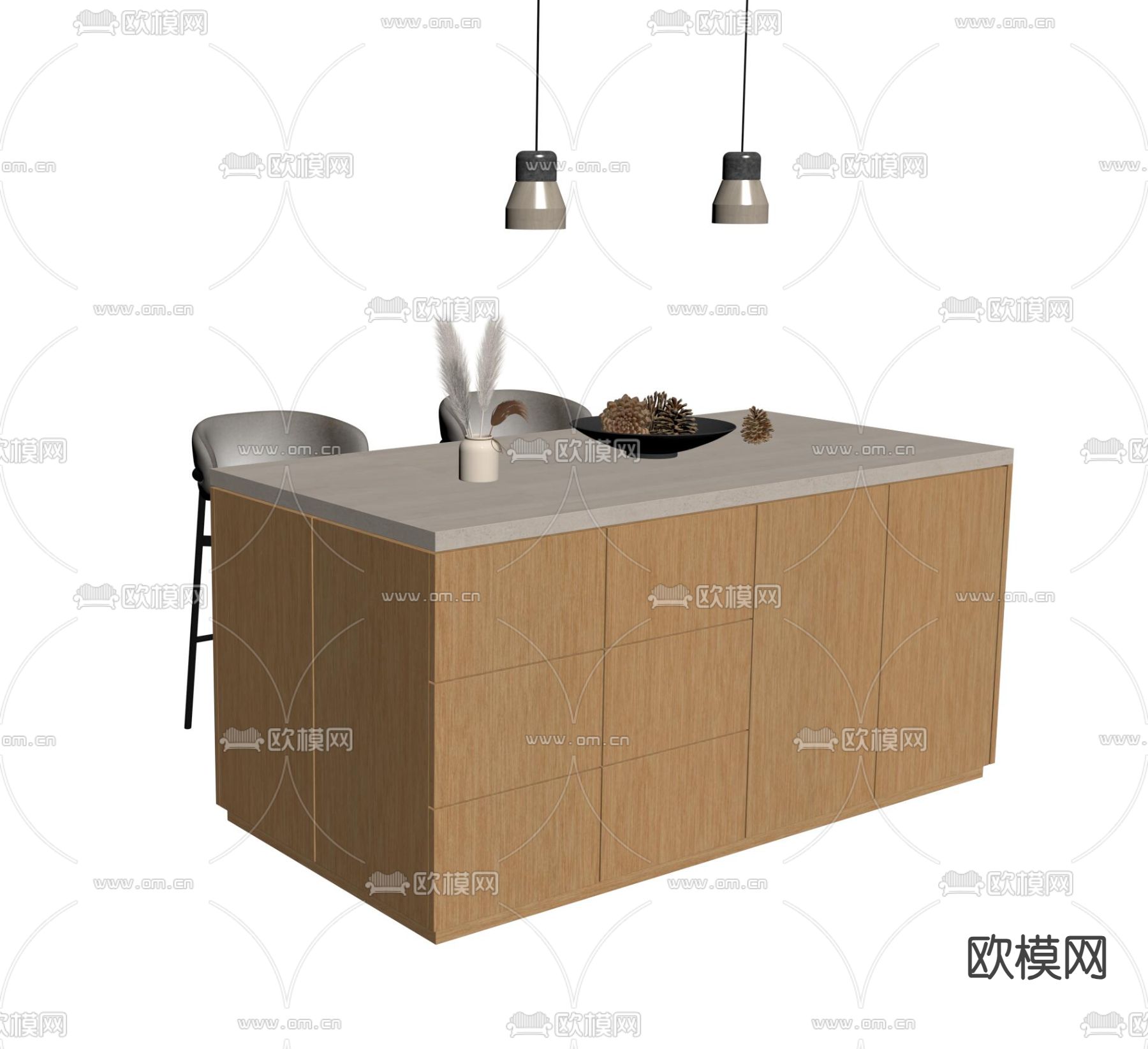侘寂中岛吧台 岛台su模型下载（渲染图2）