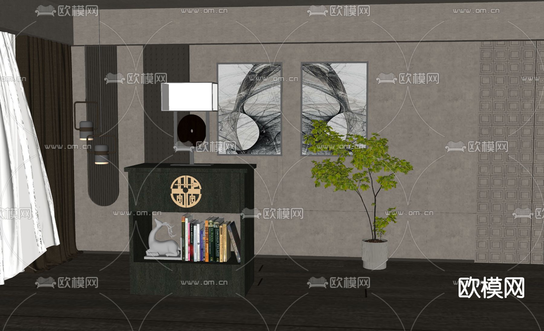 新中式床头柜 边柜su模型下载（渲染图2）