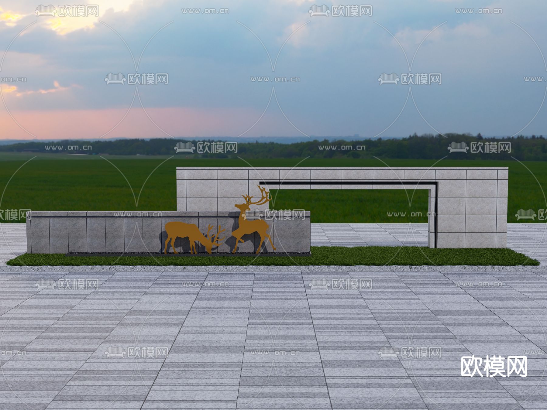 现代景墙 鹿雕塑景墙su模型su模型