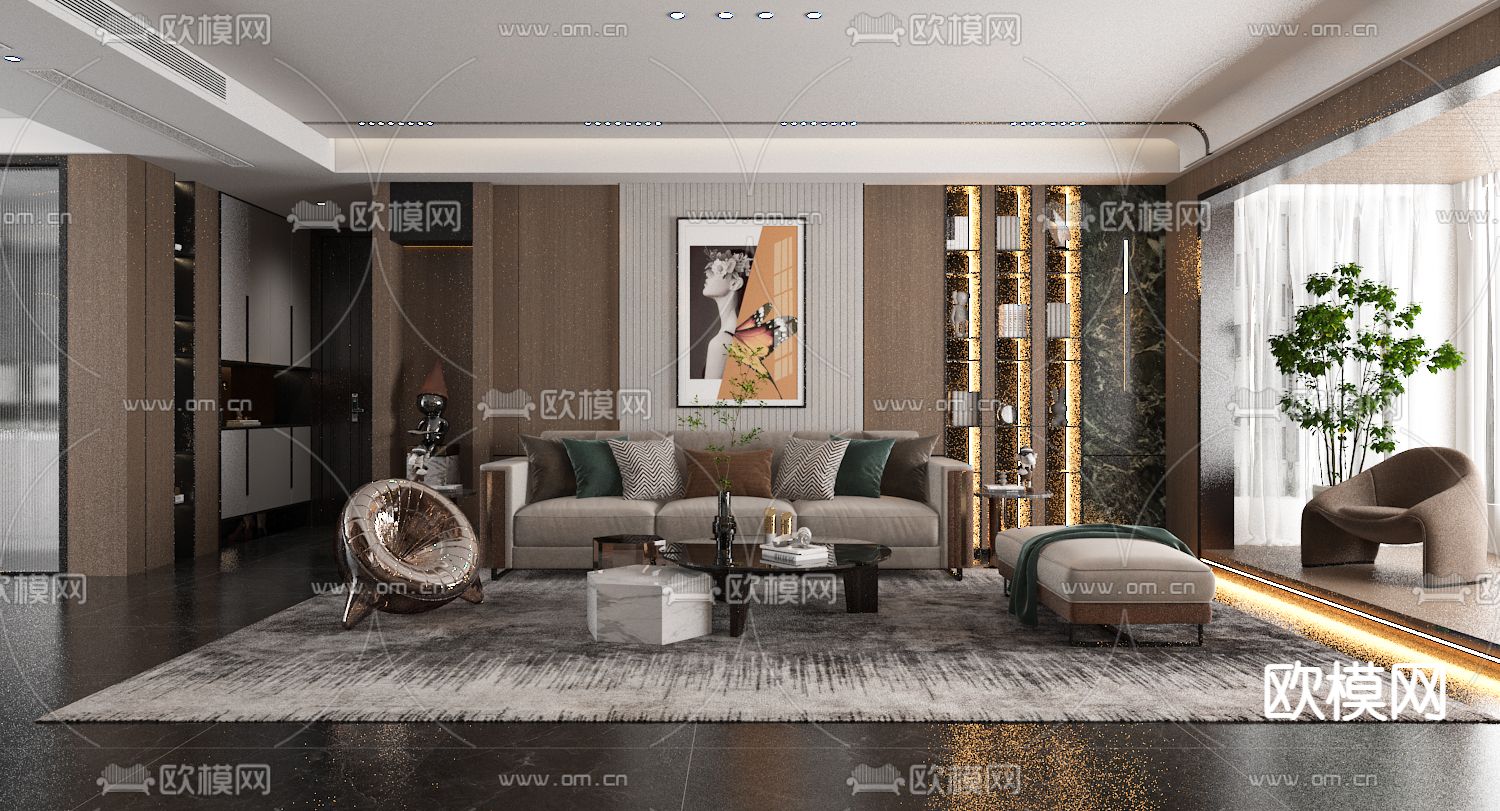 轻奢客厅 餐厅3d模型下载（渲染图1）