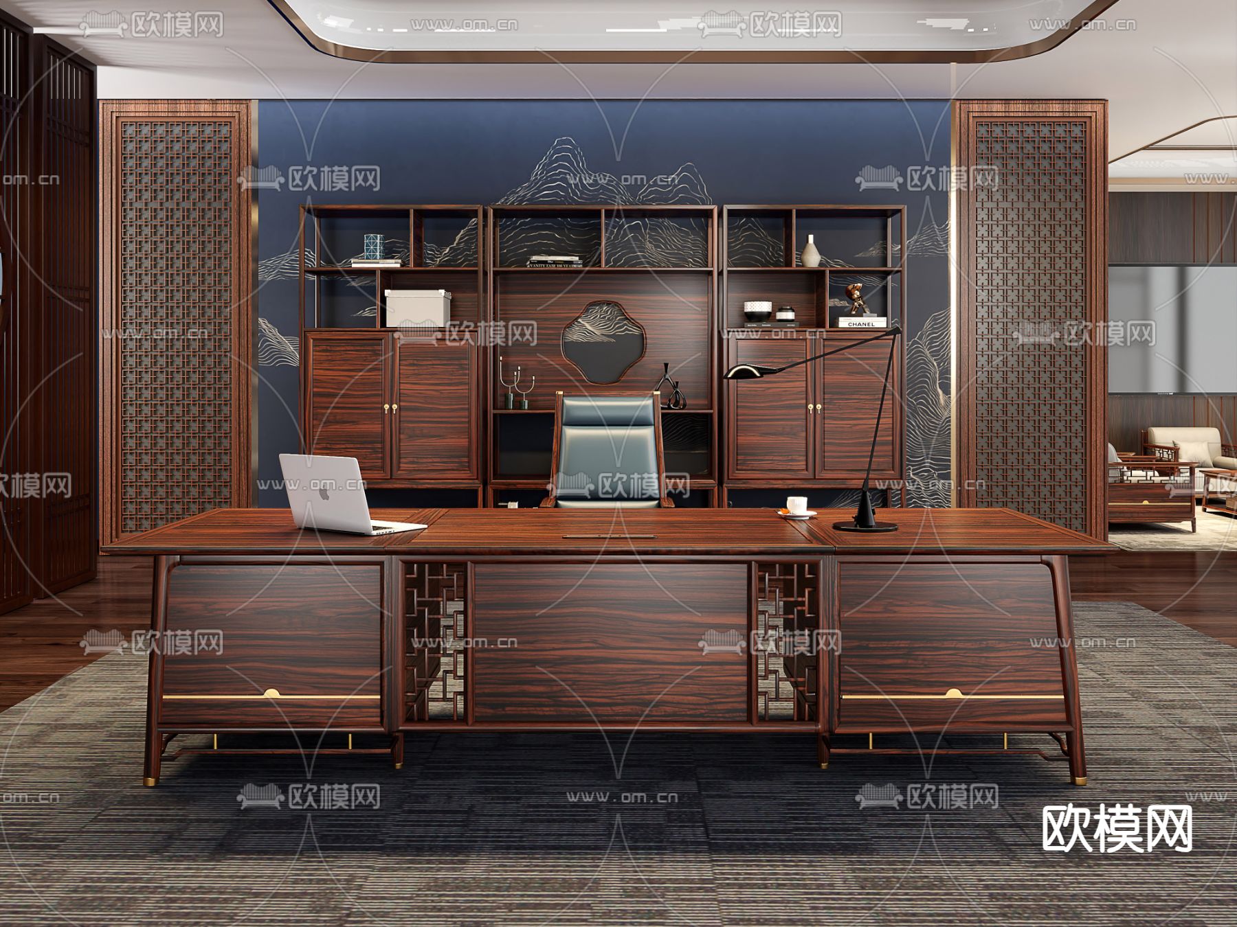 中式办公桌 大班台 老板桌 博古架3d模型下载（渲染图1）