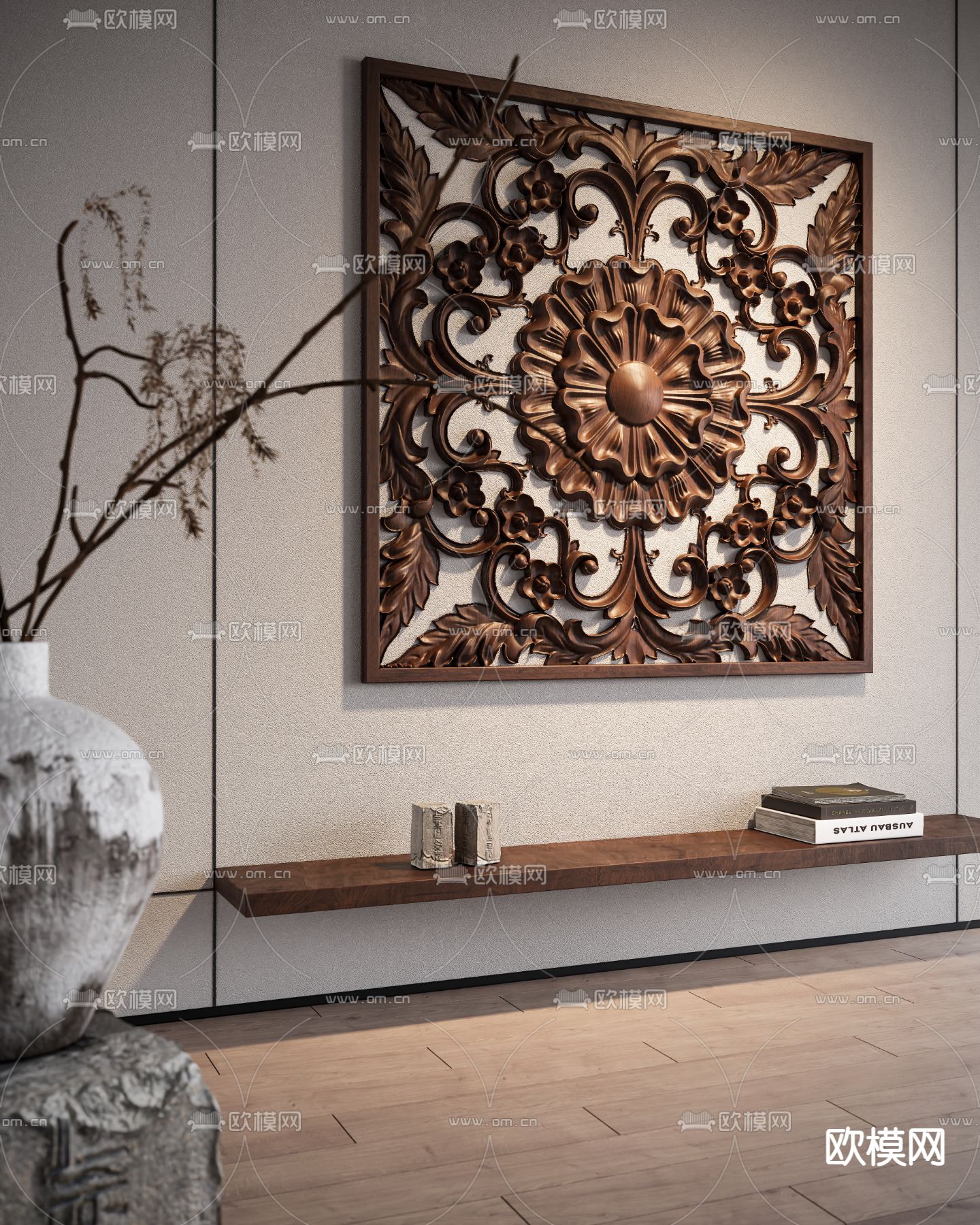 中式墙饰 雕花挂饰3d模型下载（渲染图1）
