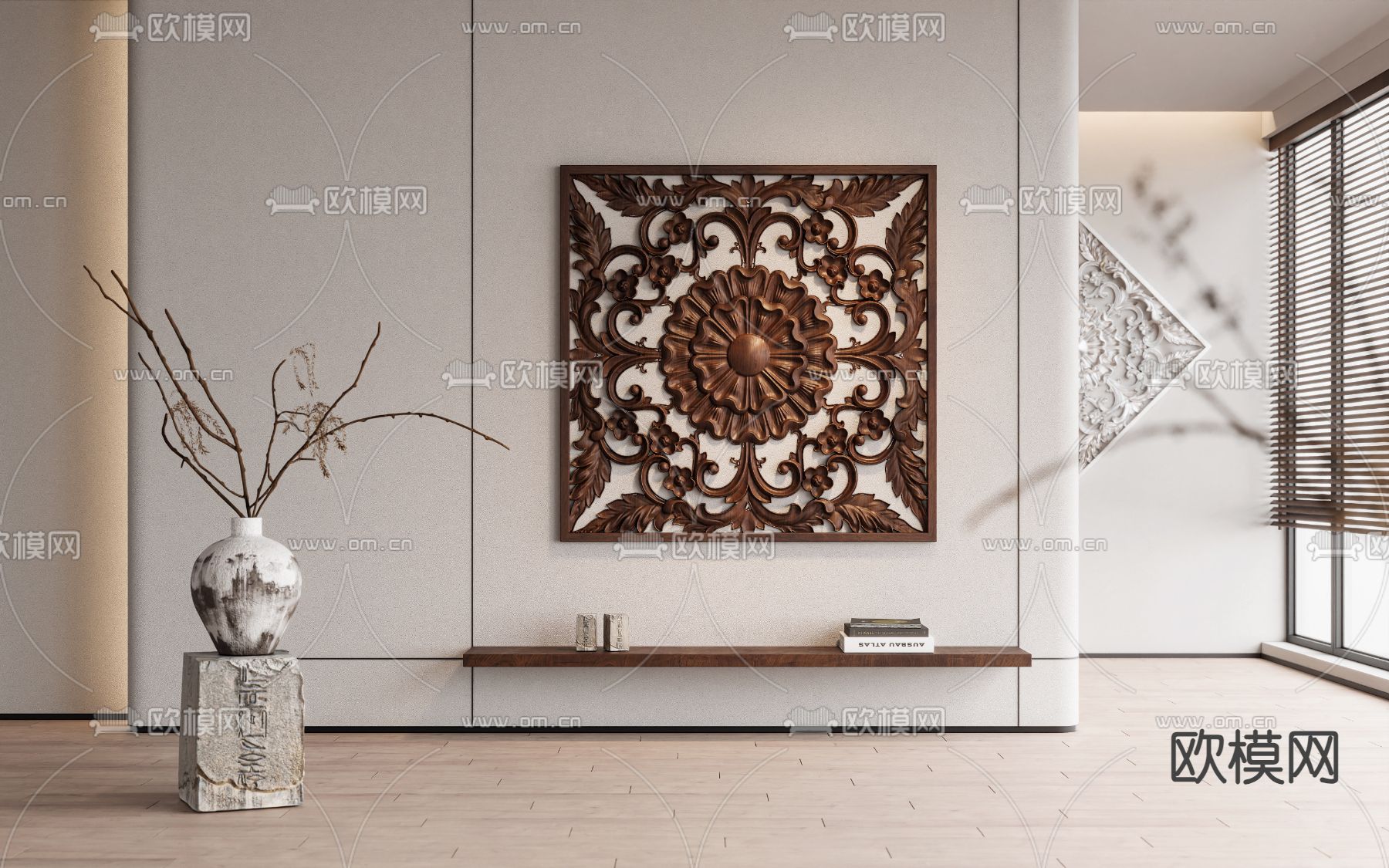 中式墙饰 雕花挂饰3d模型下载（渲染图2）