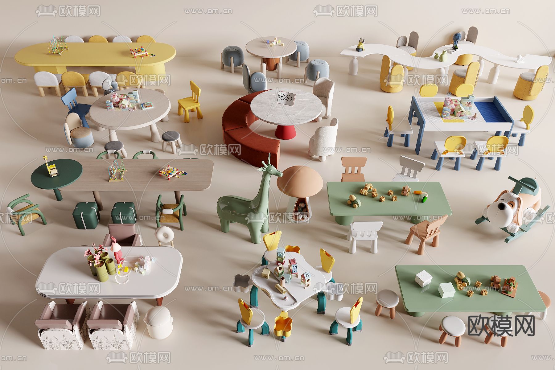 儿童桌椅 乐高积木桌 游戏桌椅3d模型下载