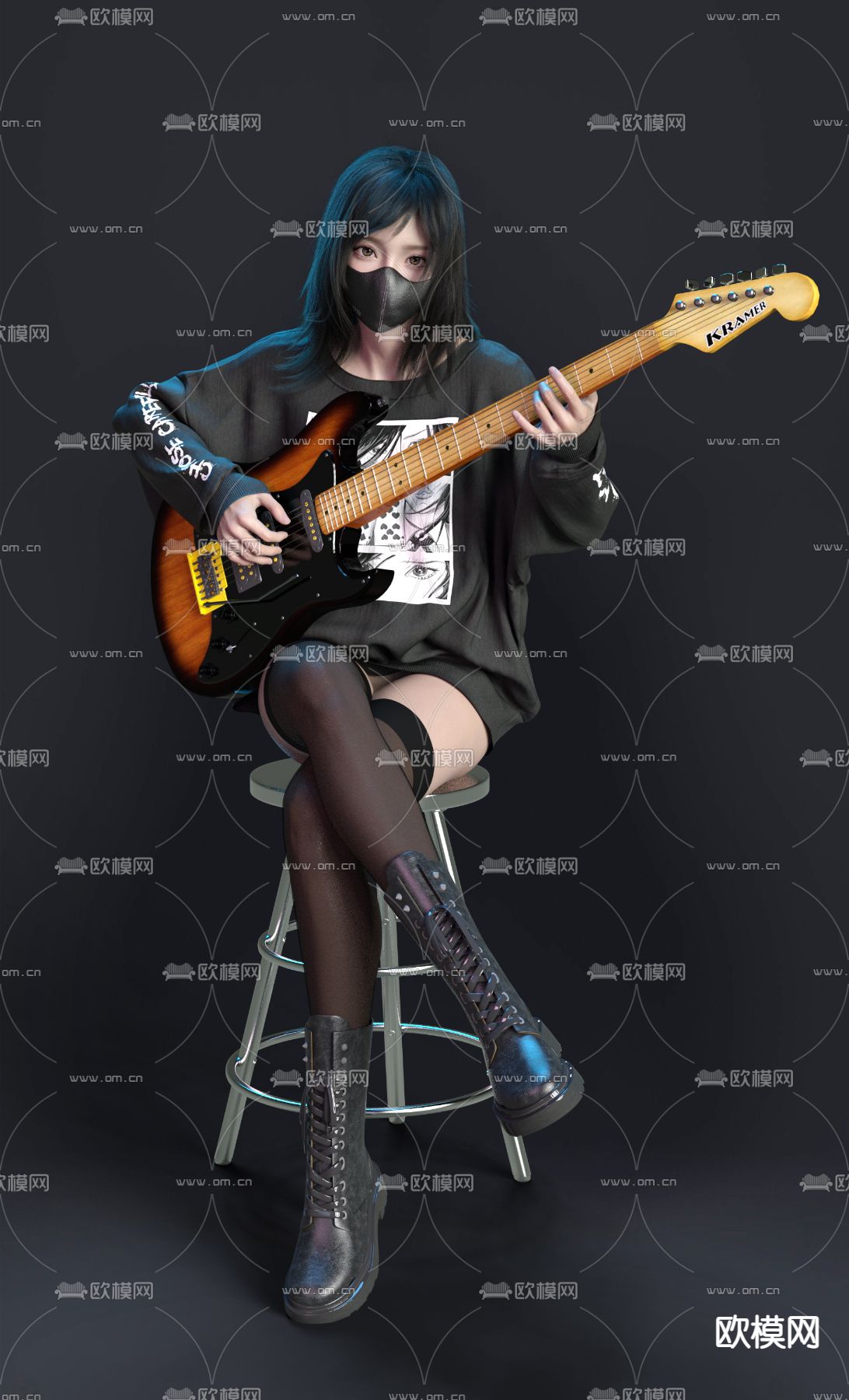吉他少女 美女 人物3d模型下载（渲染图2）